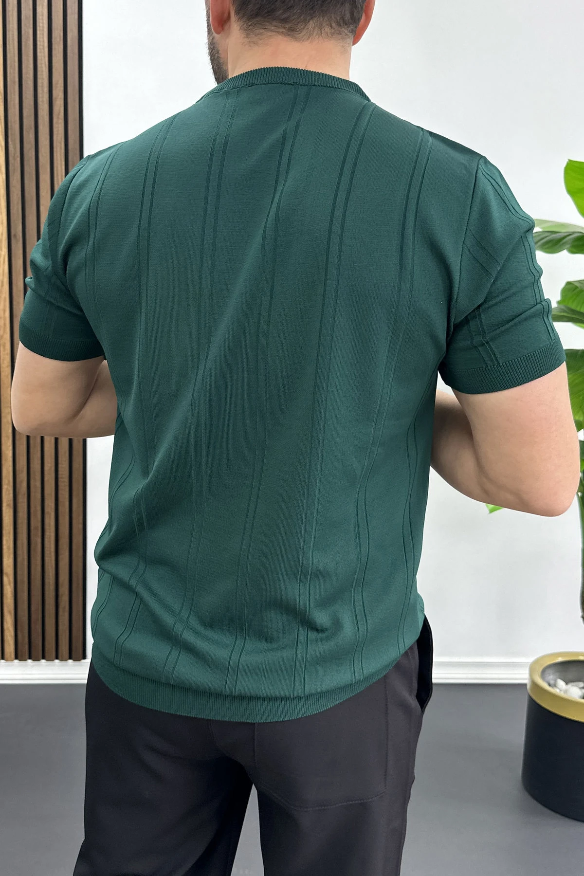 Erkek Bisiklet Yaka Desenli Tişört Yeşil Edw454