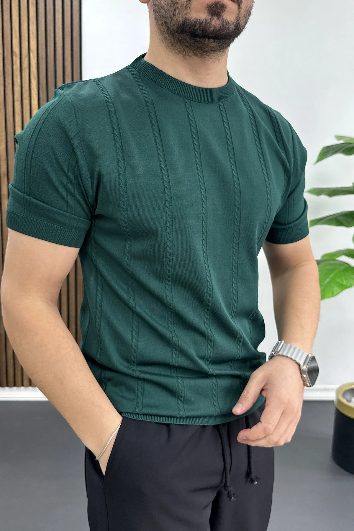 Erkek Bisiklet Yaka Desenli Tişört Yeşil Edw454