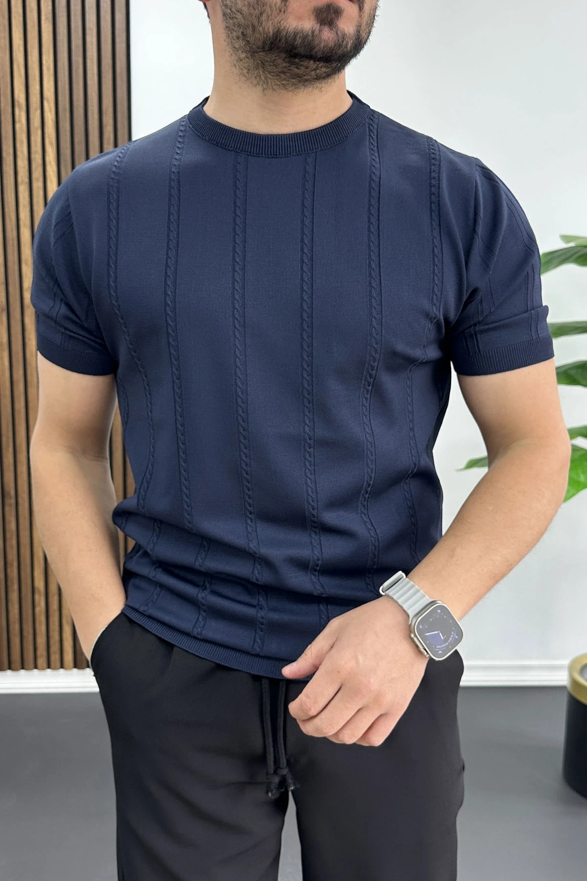 Erkek Bisiklet Yaka Desenli Tişört Lacivert Edw454