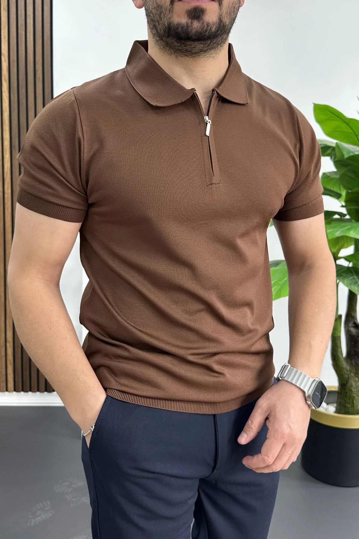 Erkek Polo Yaka Düz Tişört Kahverengi Edw455