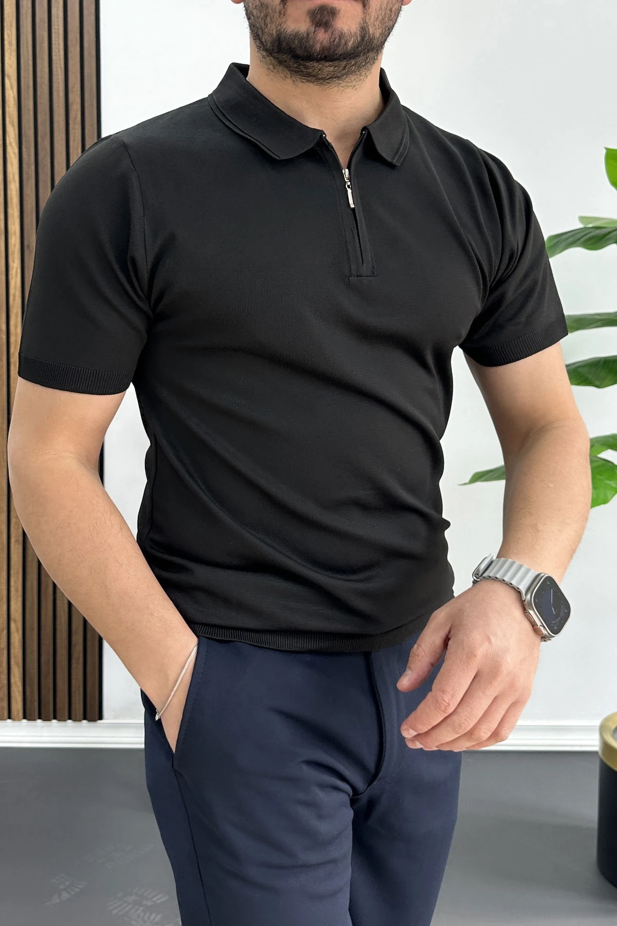 Erkek Polo Yaka Düz Tişört Siyah Edw455