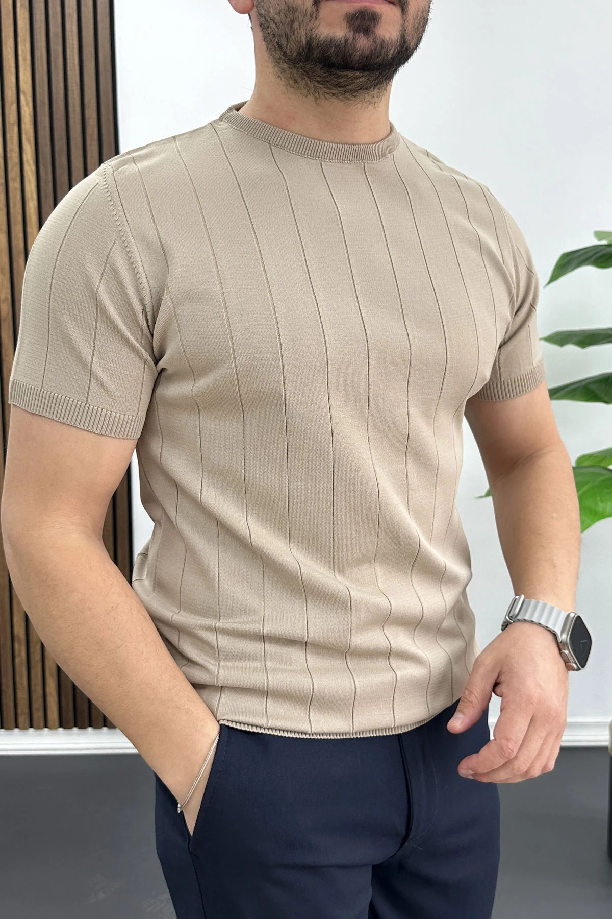 Erkek Bisiklet Yaka Çizgili Tişört Vizon Edw456