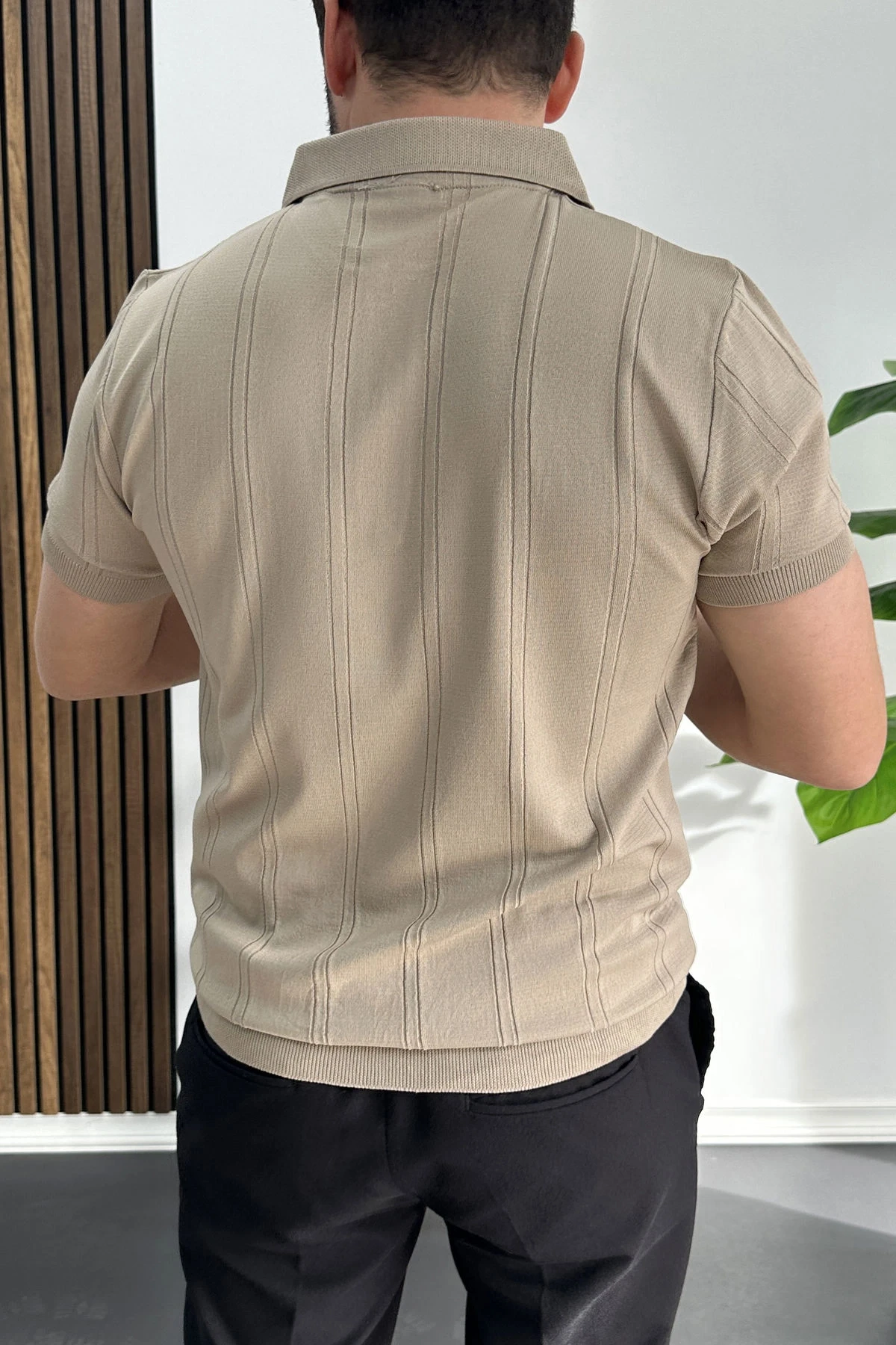 Erkek Desenli Polo Yaka Tişört Vizon Edw457