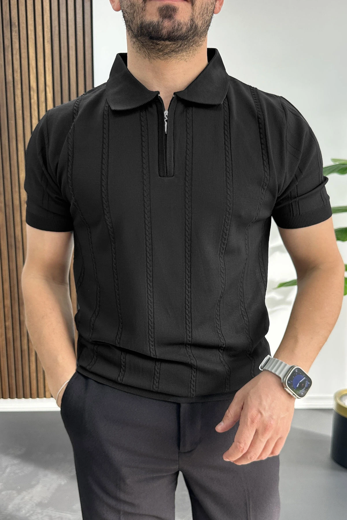 Erkek Desenli Polo Yaka Tişört Siyah Edw457