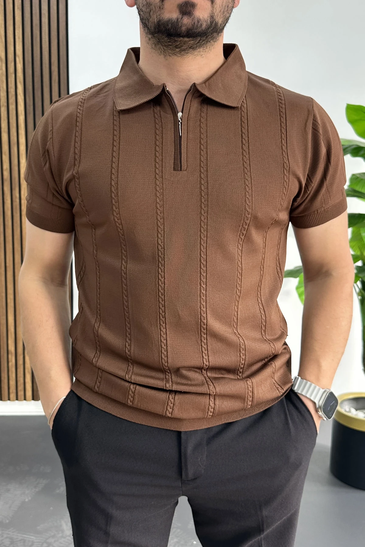 Erkek Desenli Polo Yaka Tişört Kahverengi Edw457