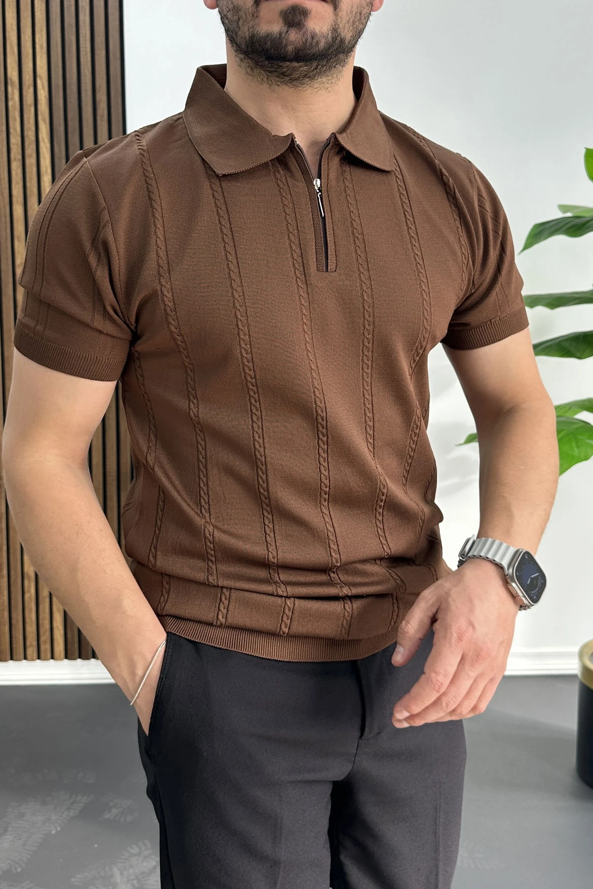 Erkek Desenli Polo Yaka Tişört Kahverengi Edw457