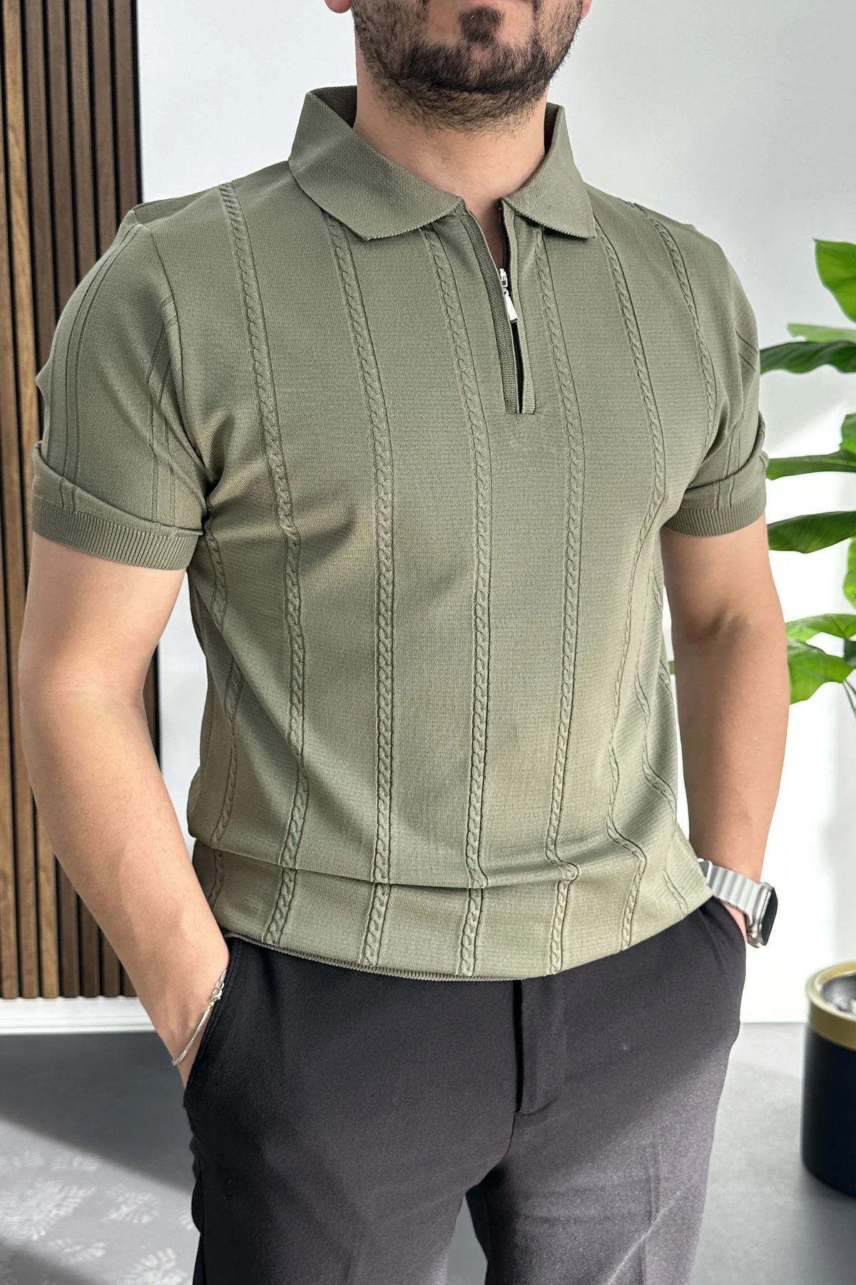 Erkek Desenli Polo Yaka Tişört Açık Yeşil Edw457