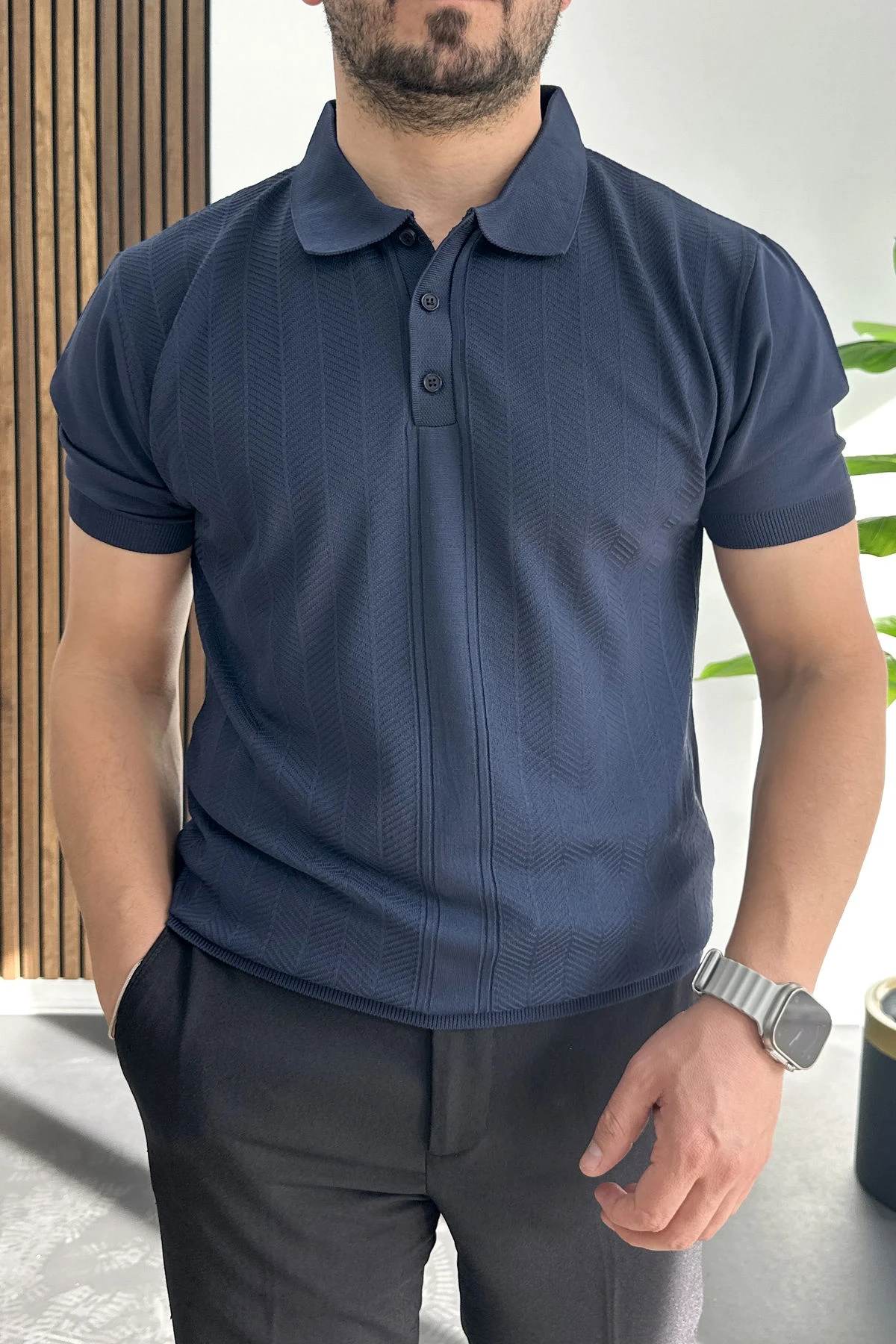 Erkek Desenli Polo Yaka Tişört Lacivert Edw460