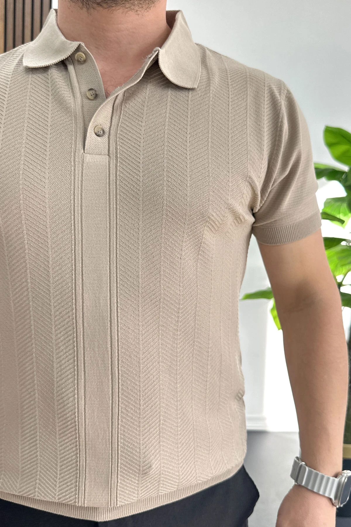 Erkek Desenli Polo Yaka Tişört Vizon Edw460