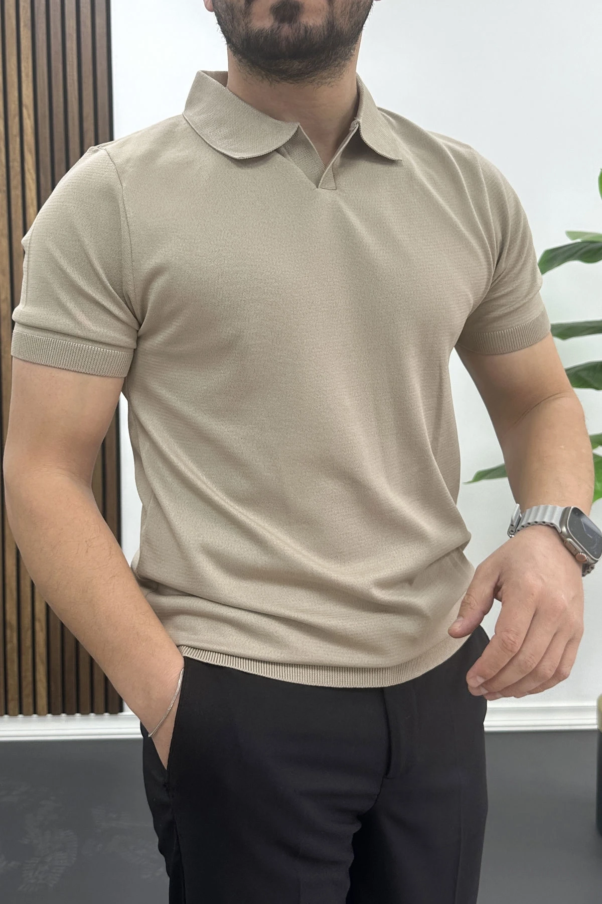 Erkek Açık Yaka Düz Tişört Vizon Edw461