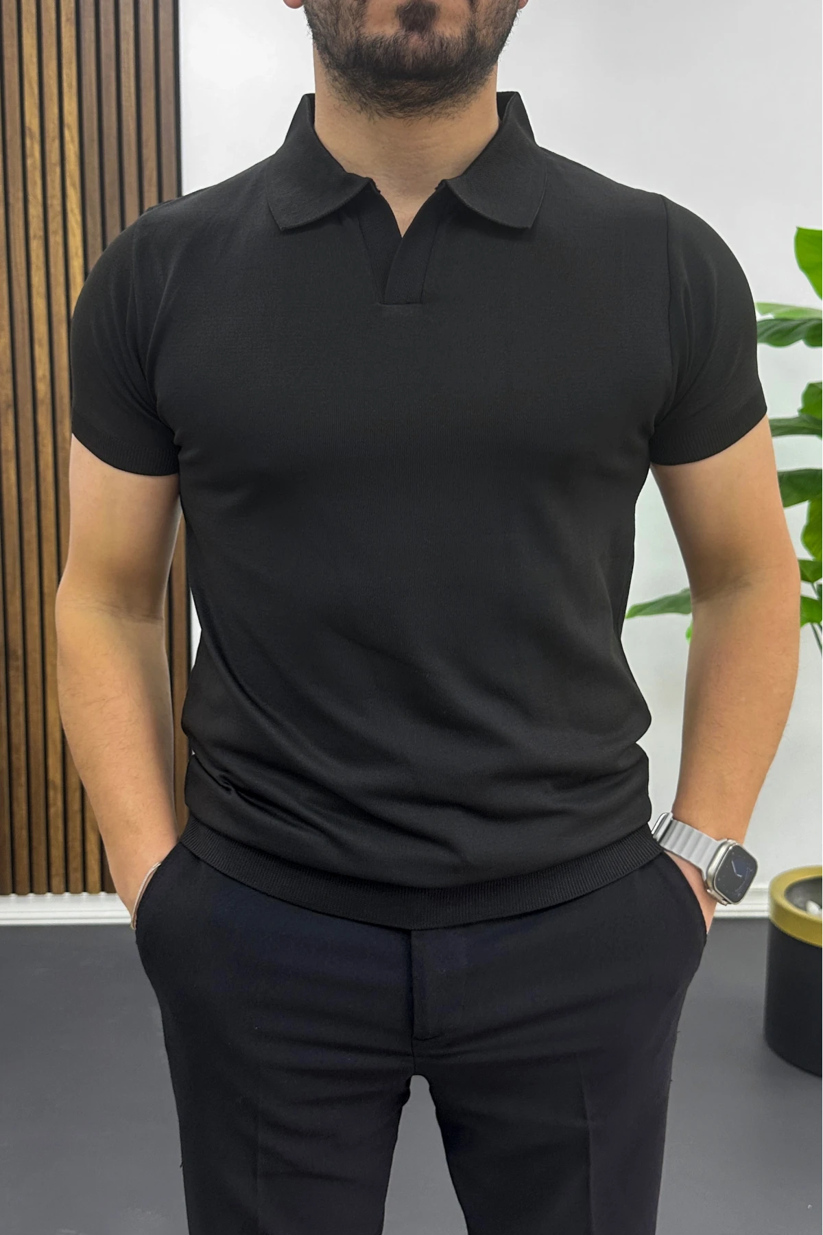 Erkek Açık Yaka Düz Tişört Siyah Edw461