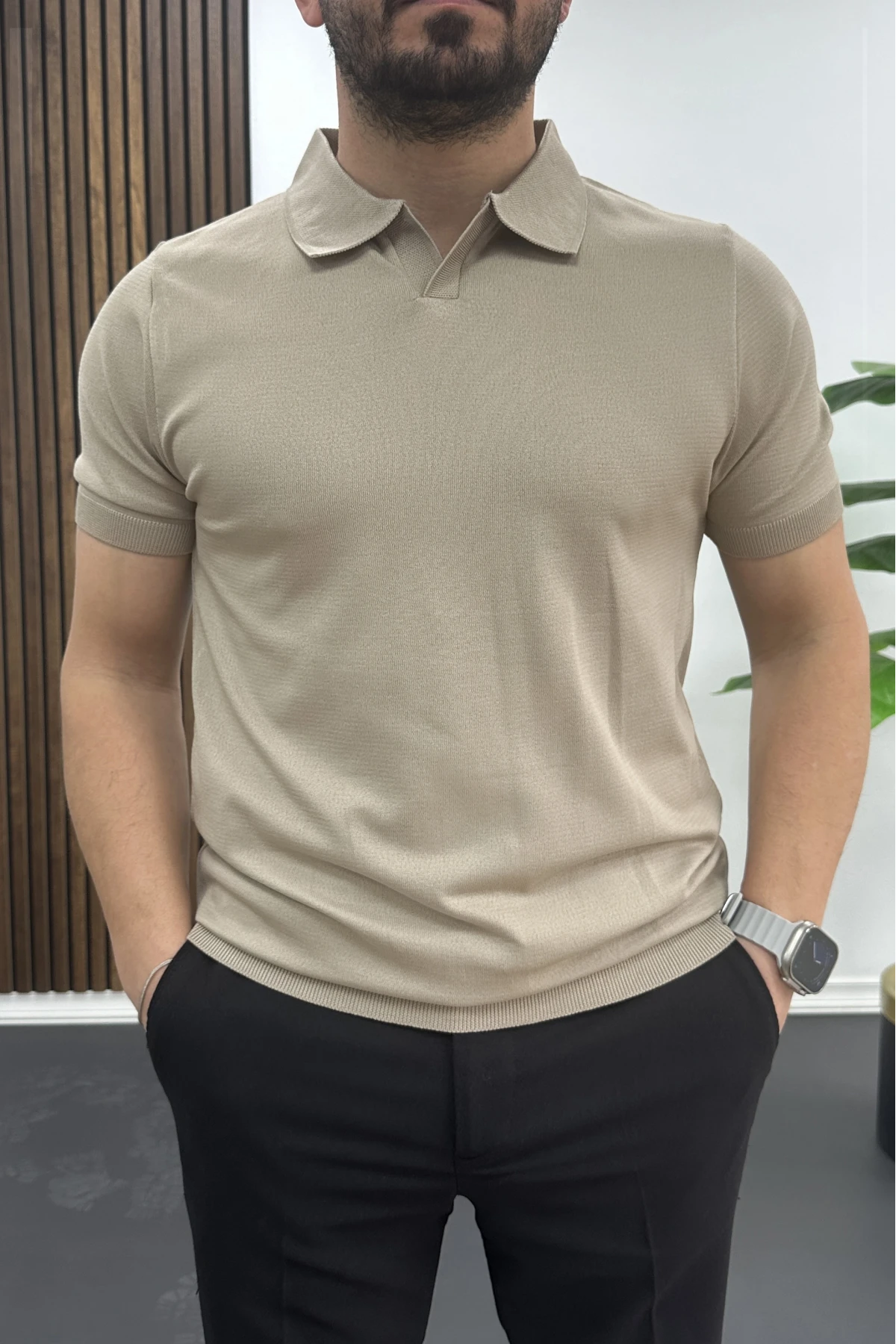 Erkek Açık Yaka Düz Tişört Vizon Edw461