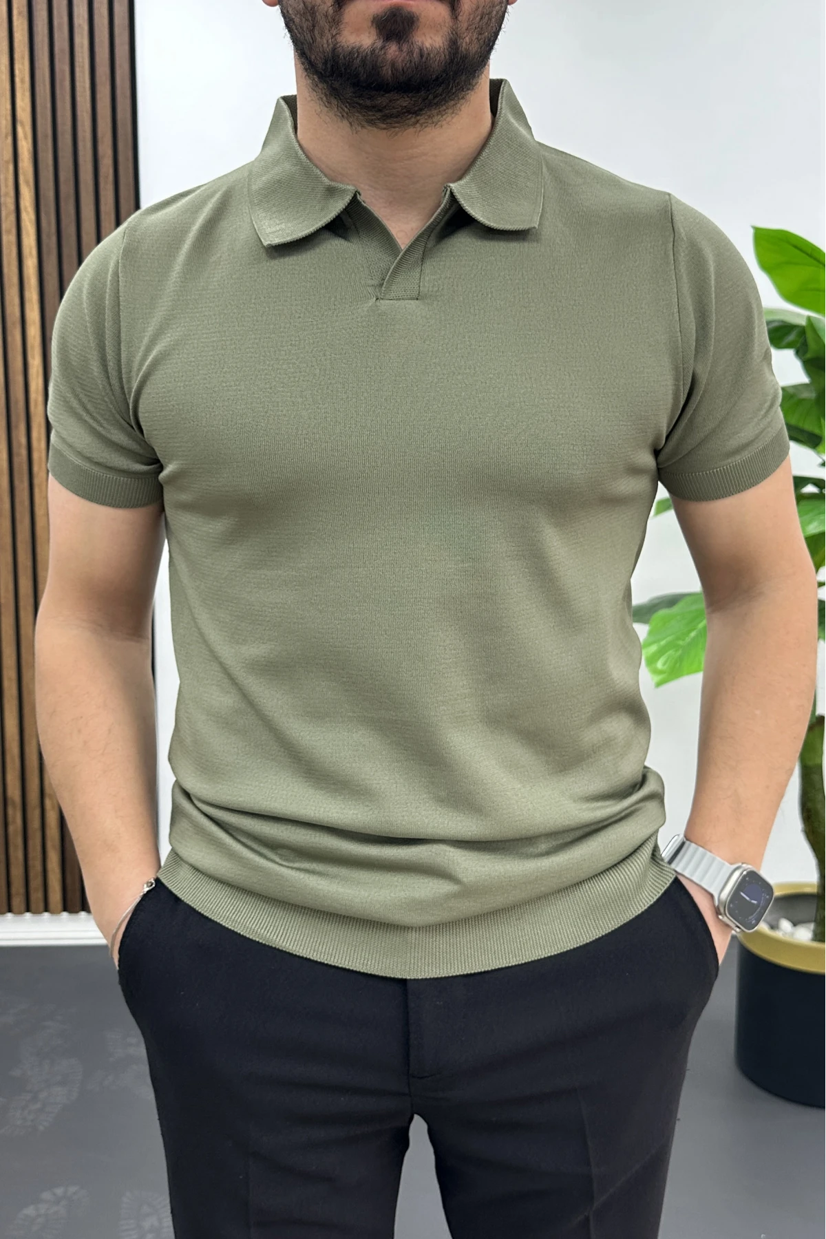 Erkek Açık Yaka Düz Tişört Açık Yeşil Edw461