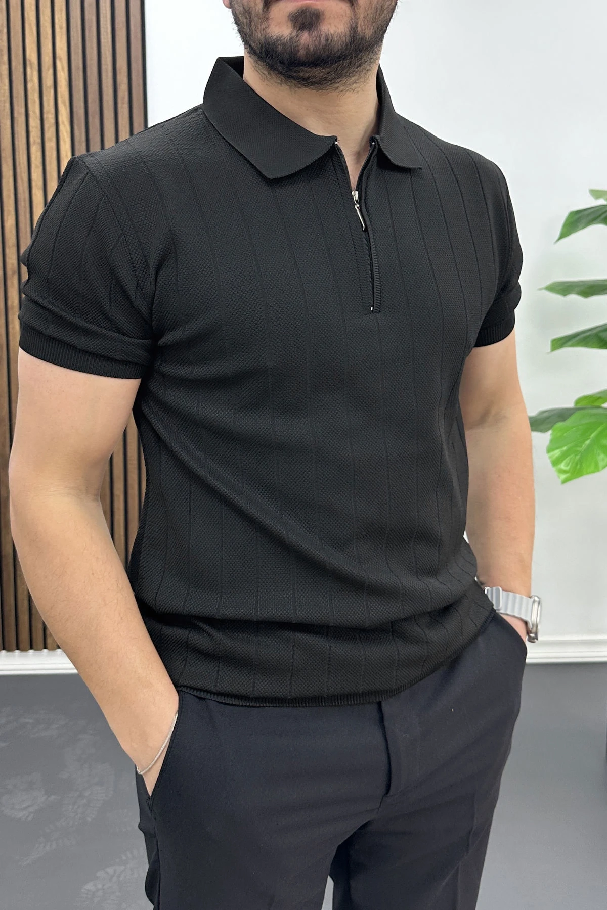 Erkek Nokta Desenli Polo Yaka Tişört Siyah Edw462