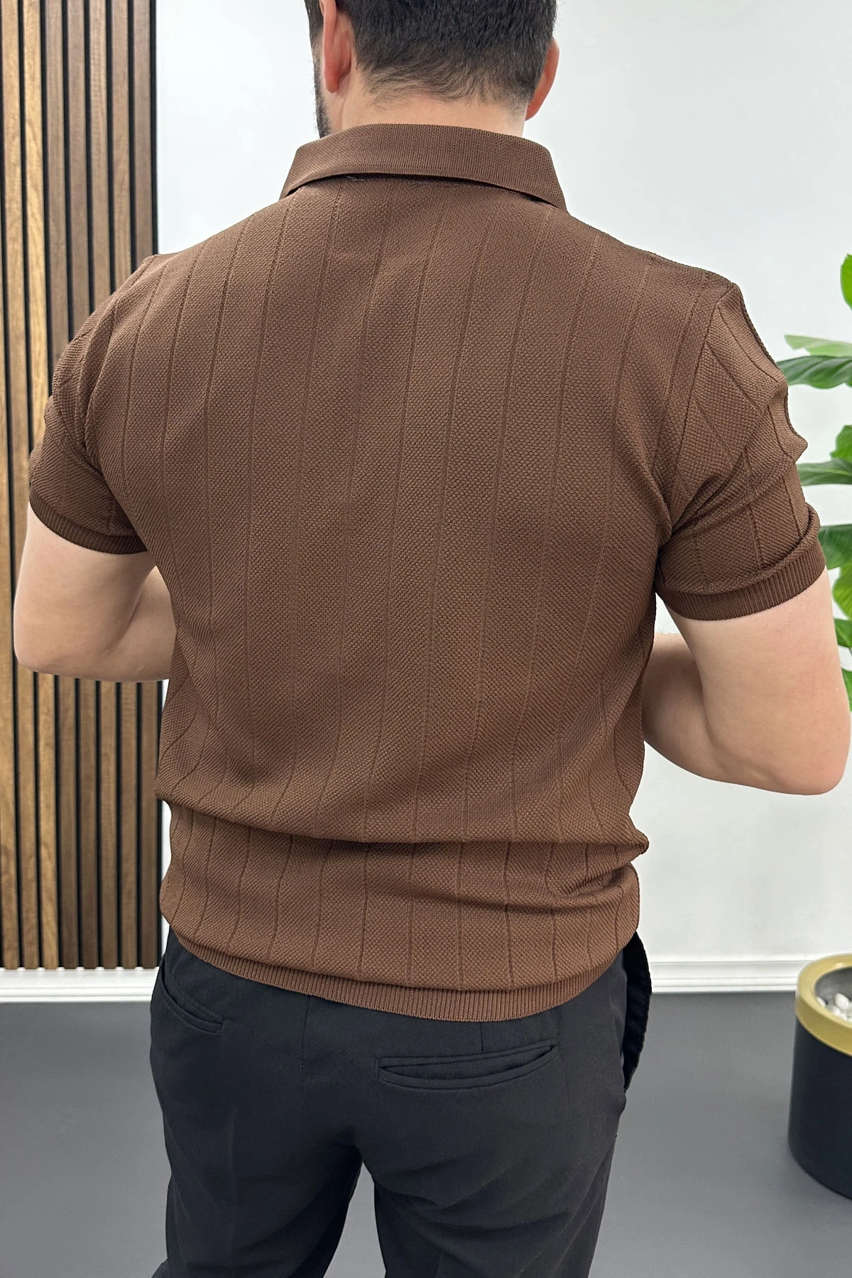 Erkek Nokta Desenli Polo Yaka Tişört Kahverengi Edw462