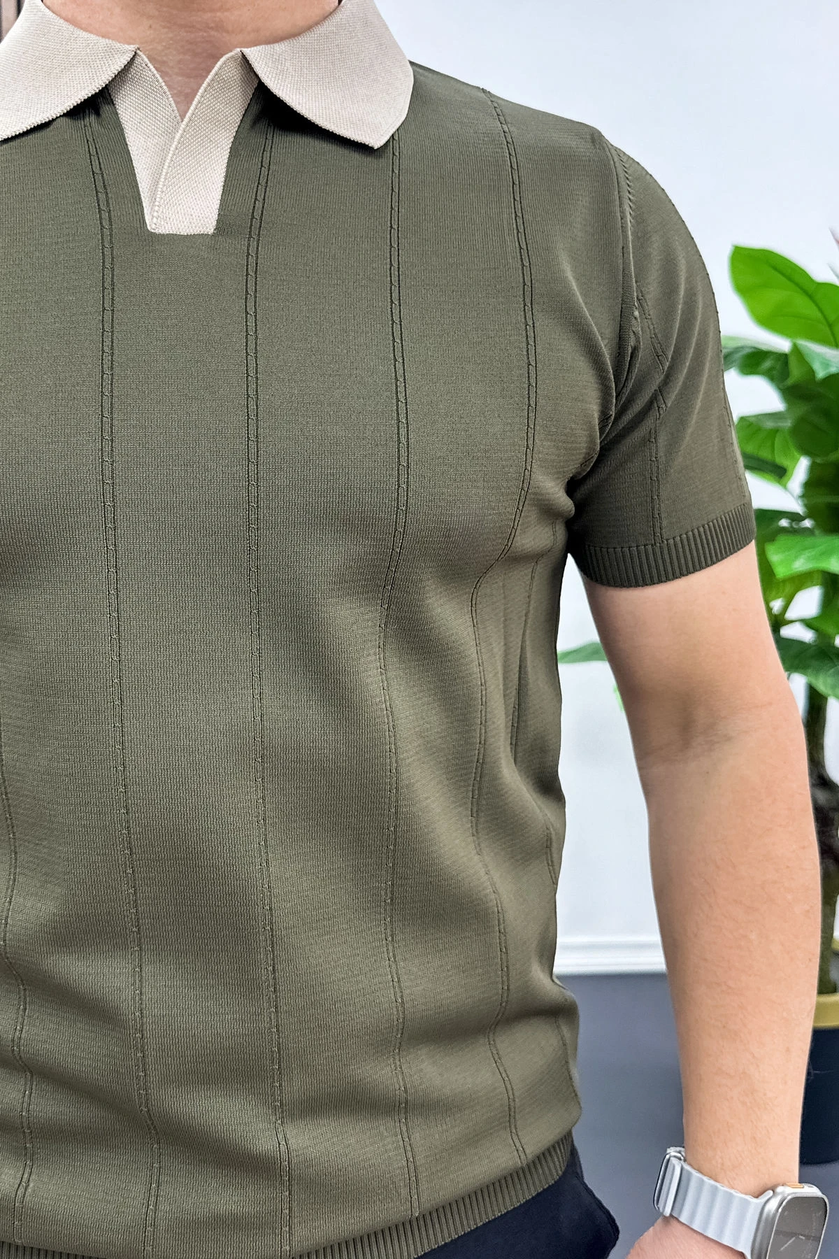 Erkek Yaka Detaylı Tişört Yeşil Edw463