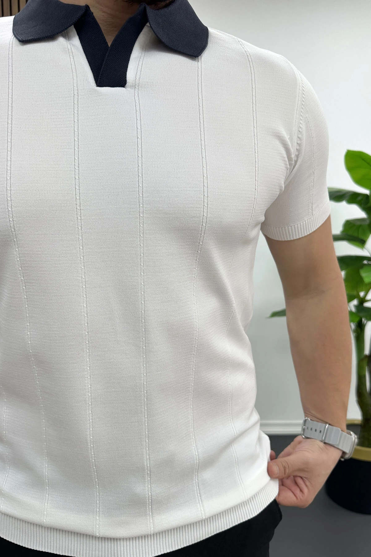 Erkek Yaka Detaylı Tişört Beyaz Edw463