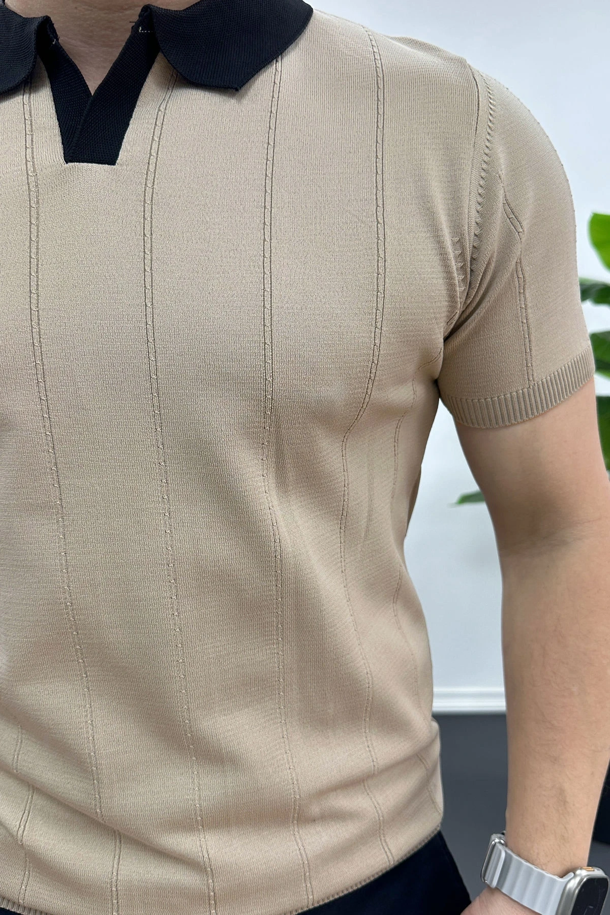 Erkek Yaka Detaylı Tişört Vizon Edw463