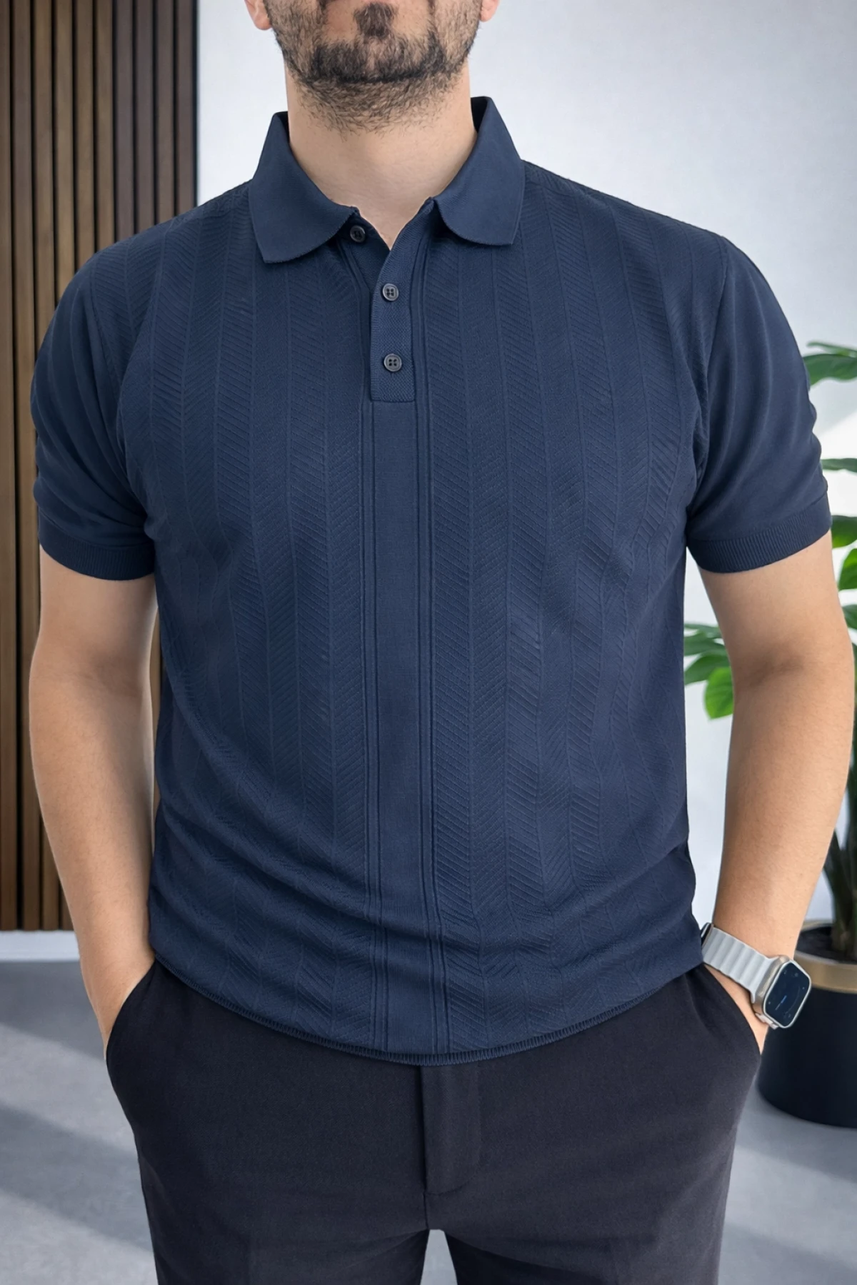 Erkek Desenli Polo Yaka Tişört Lacivert Edw460