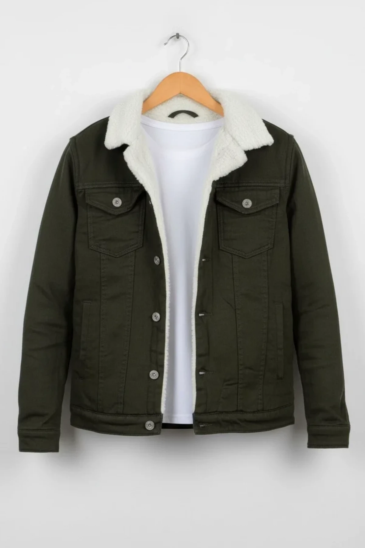 Erkek Slim Fit Cepli İçi Kürklü Düğmeli Kot Ceket Yeşil PR113