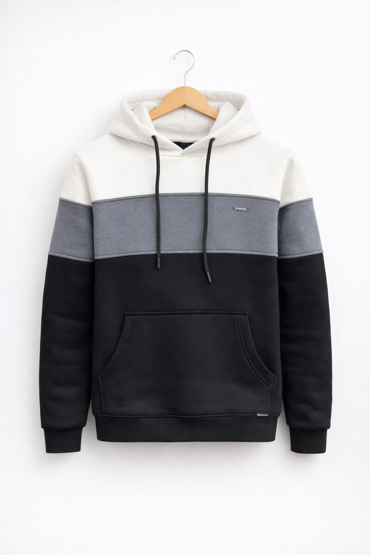 Erkek Slim Fit Renk Bloklu Kapüşonlu Sweatshirt Beyaz Edw438