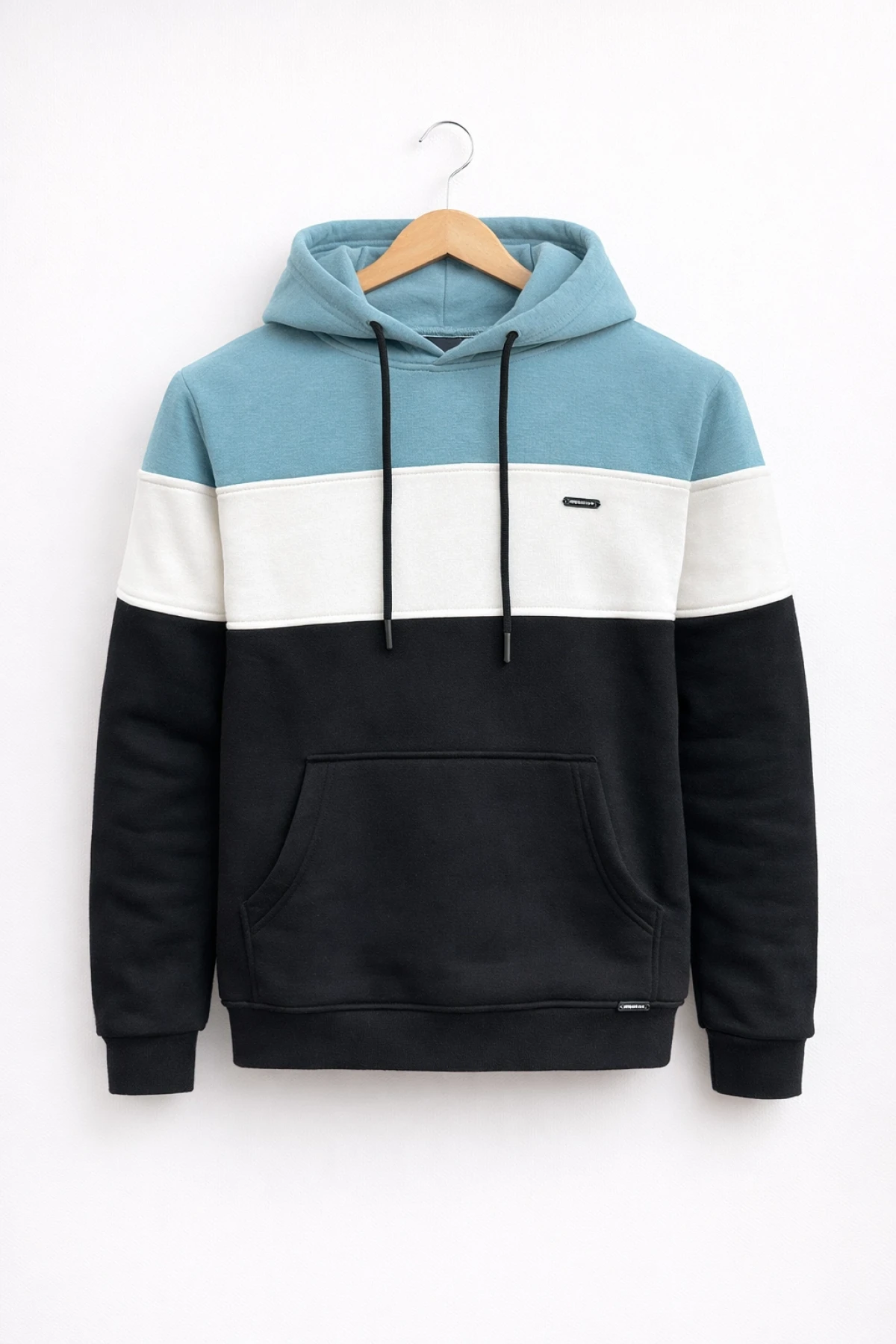 Erkek Slim Fit Renk Bloklu Kapüşonlu Sweatshirt Açık Mavi Edw438