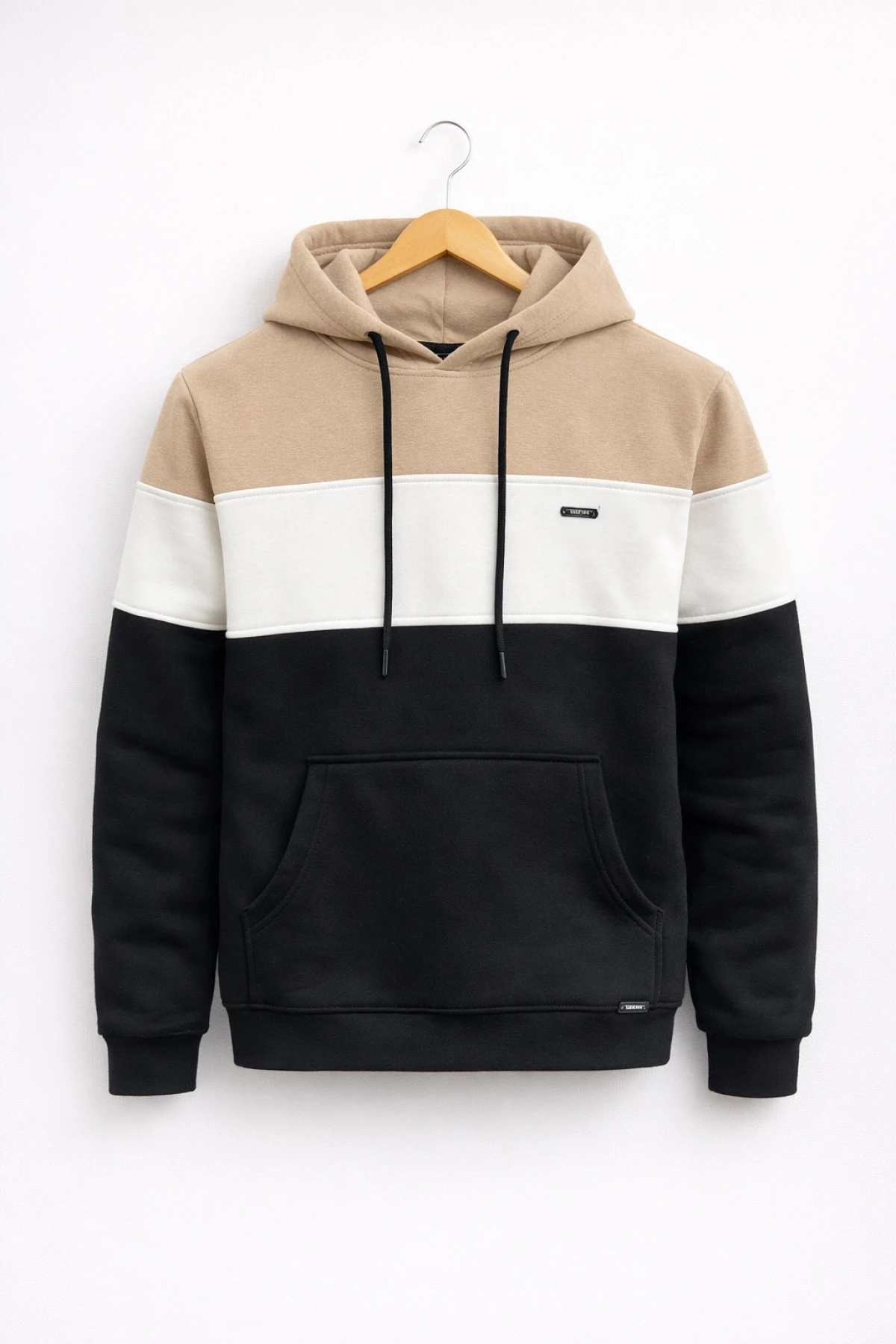 Erkek Slim Fit Renk Bloklu Kapüşonlu Sweatshirt Vizon Edw438