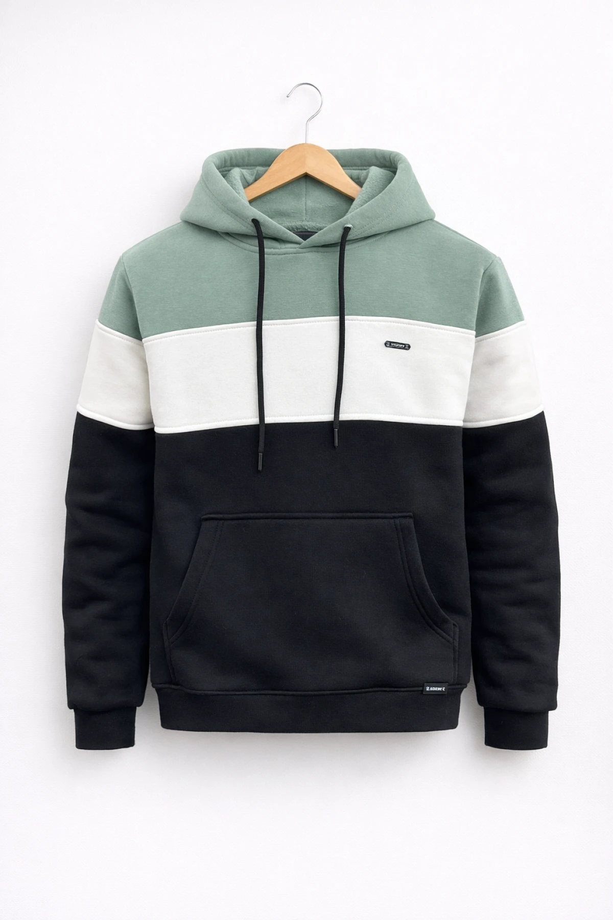 Erkek Slim Fit Renk Bloklu Kapüşonlu Sweatshirt Açık Yeşil Edw438