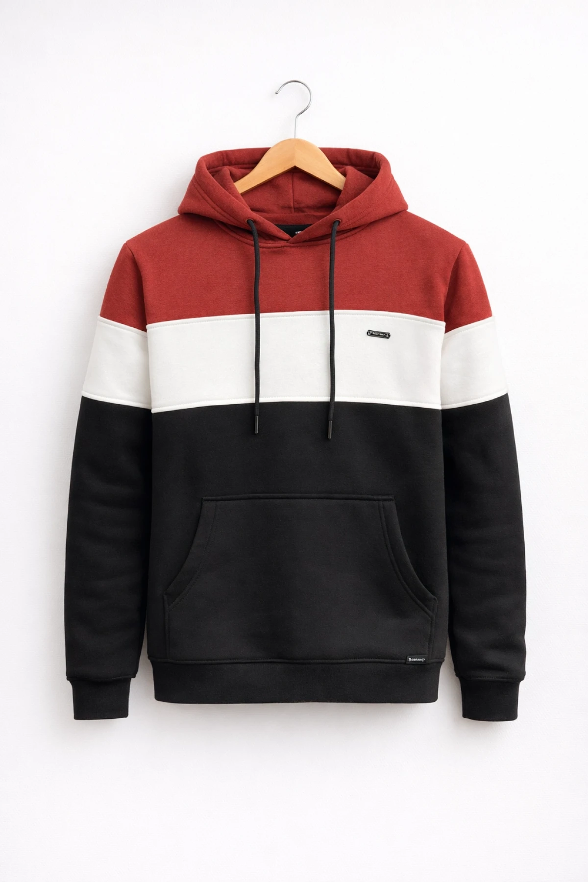 Erkek Slim Fit Renk Bloklu Kapüşonlu Sweatshirt Kırmızı Edw438