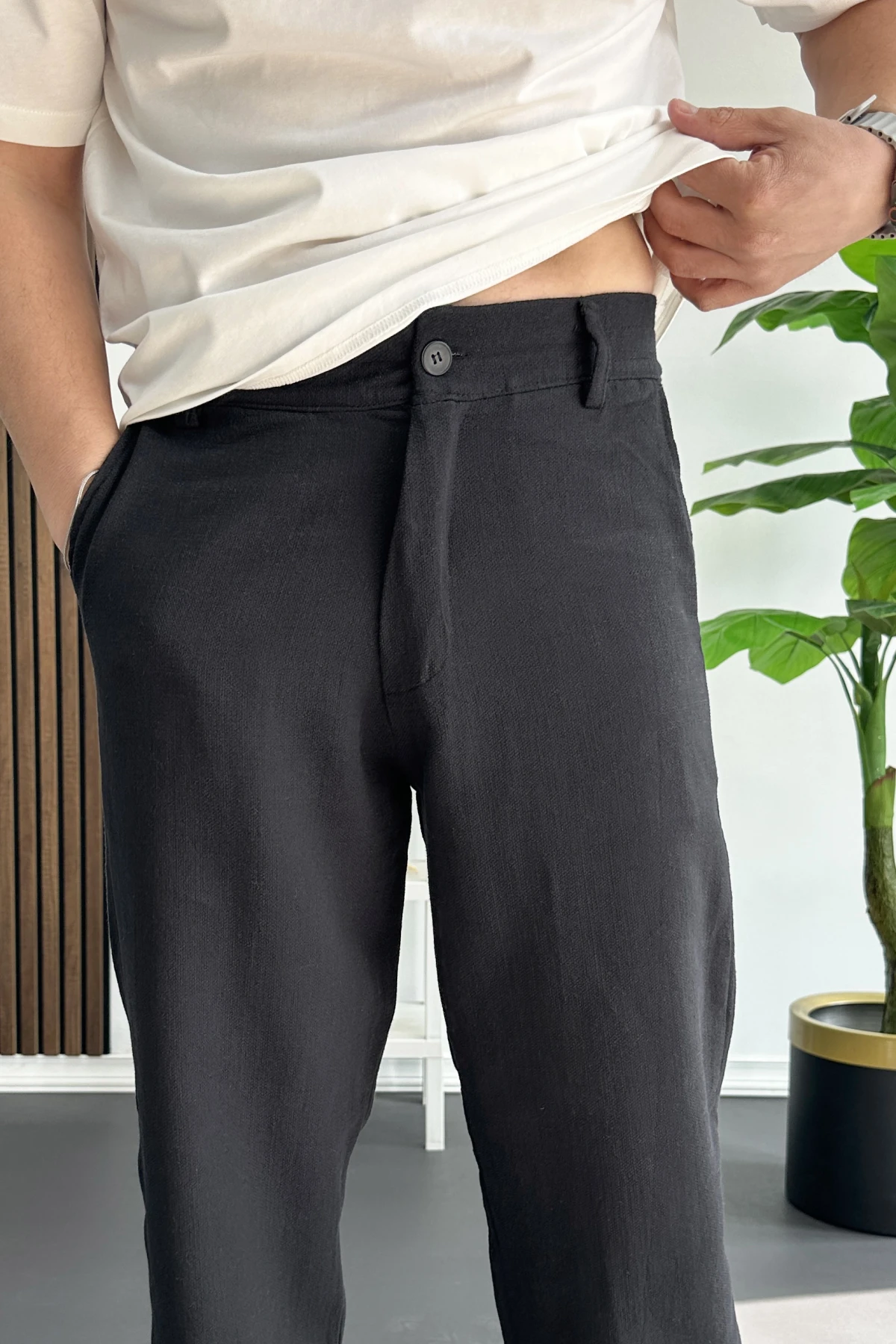 Erkek Beli Düğmeli Pantolon Siyah Edw469