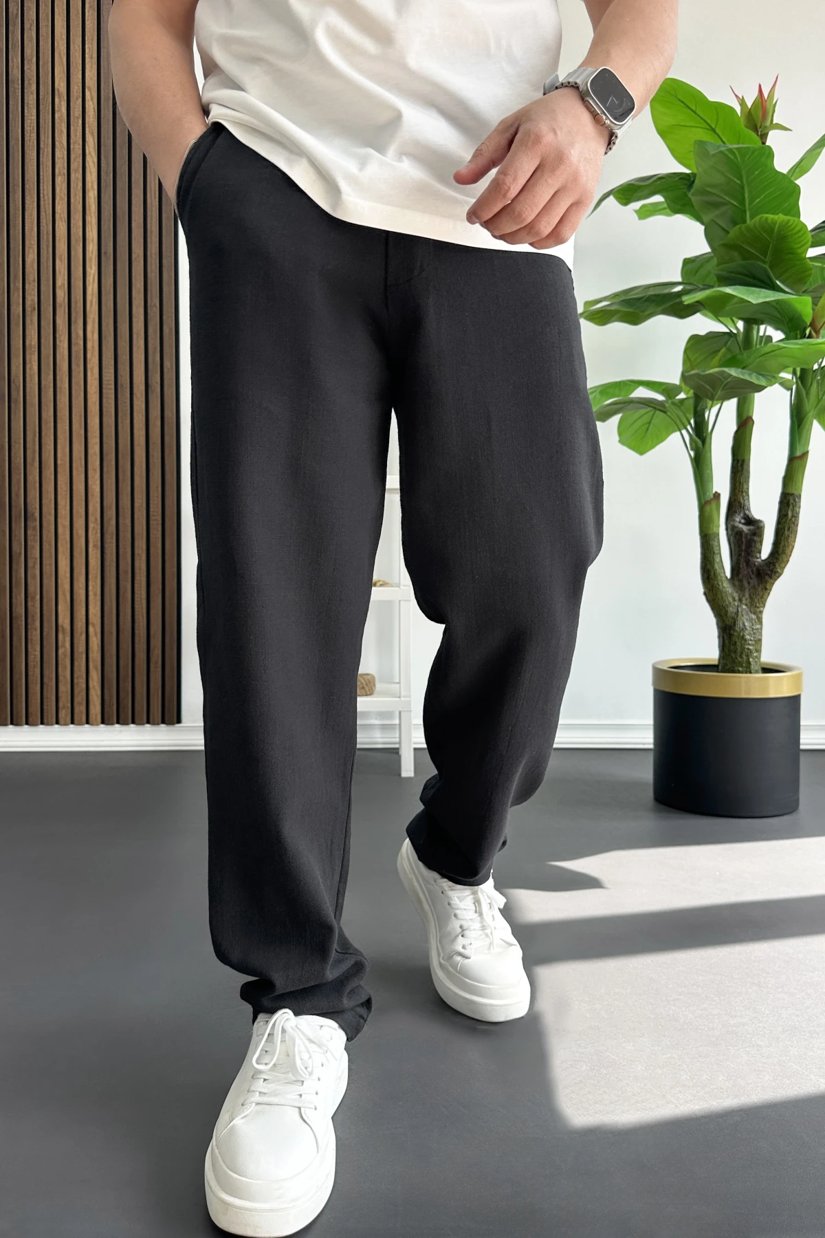 Erkek Beli Düğmeli Pantolon Siyah Edw469