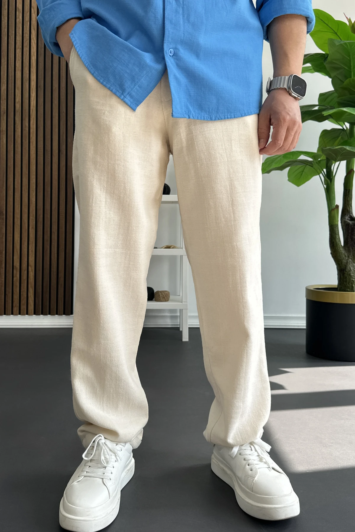 Erkek Beli Düğmeli Pantolon Krem Edw469