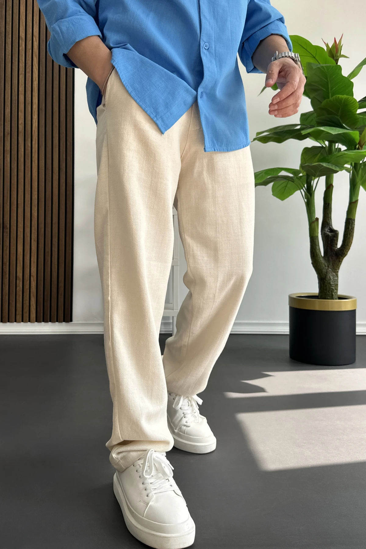 Erkek Beli Düğmeli Pantolon Krem Edw469