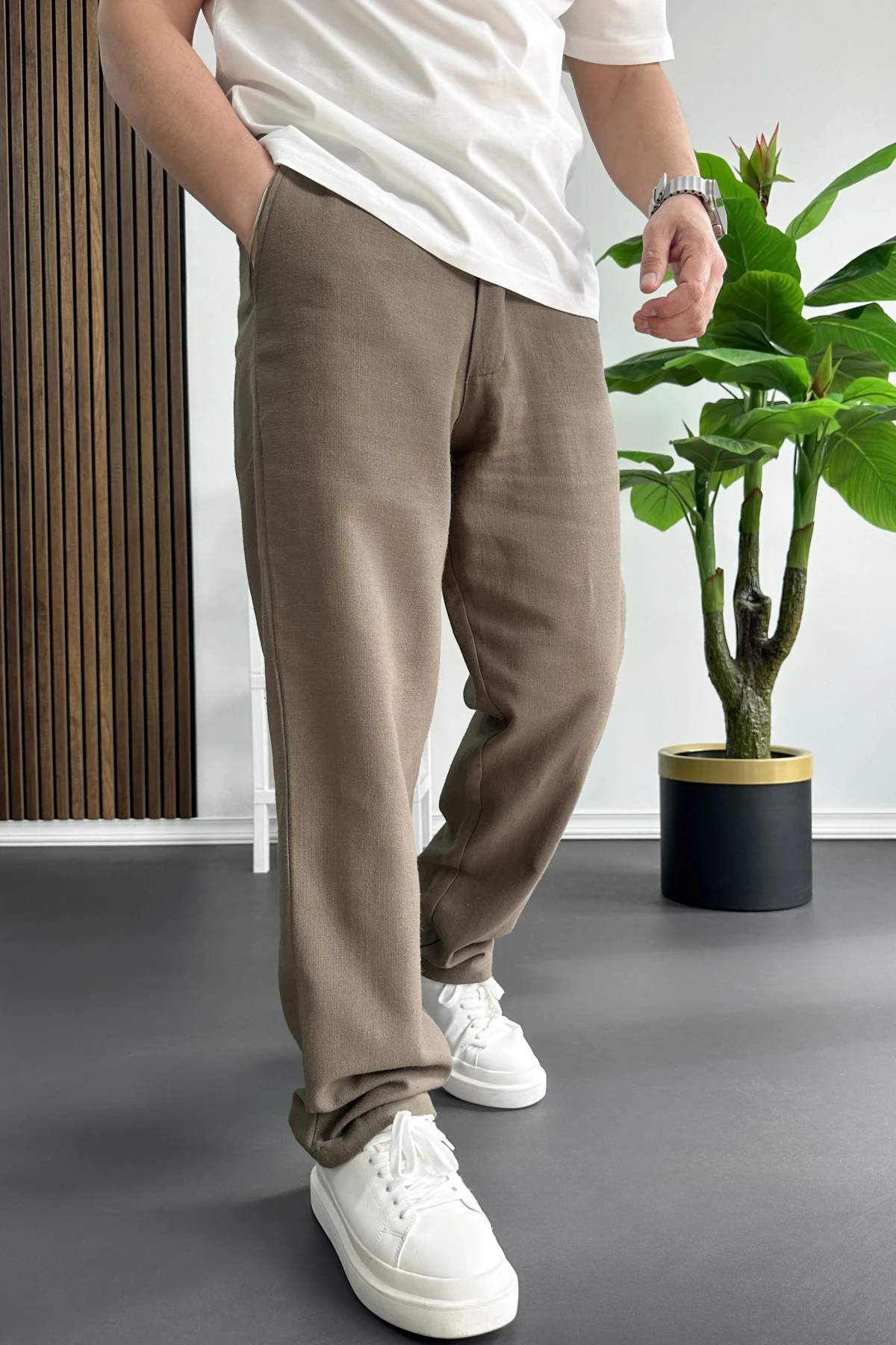 Erkek Beli Düğmeli Pantolon Kahverengi Edw469