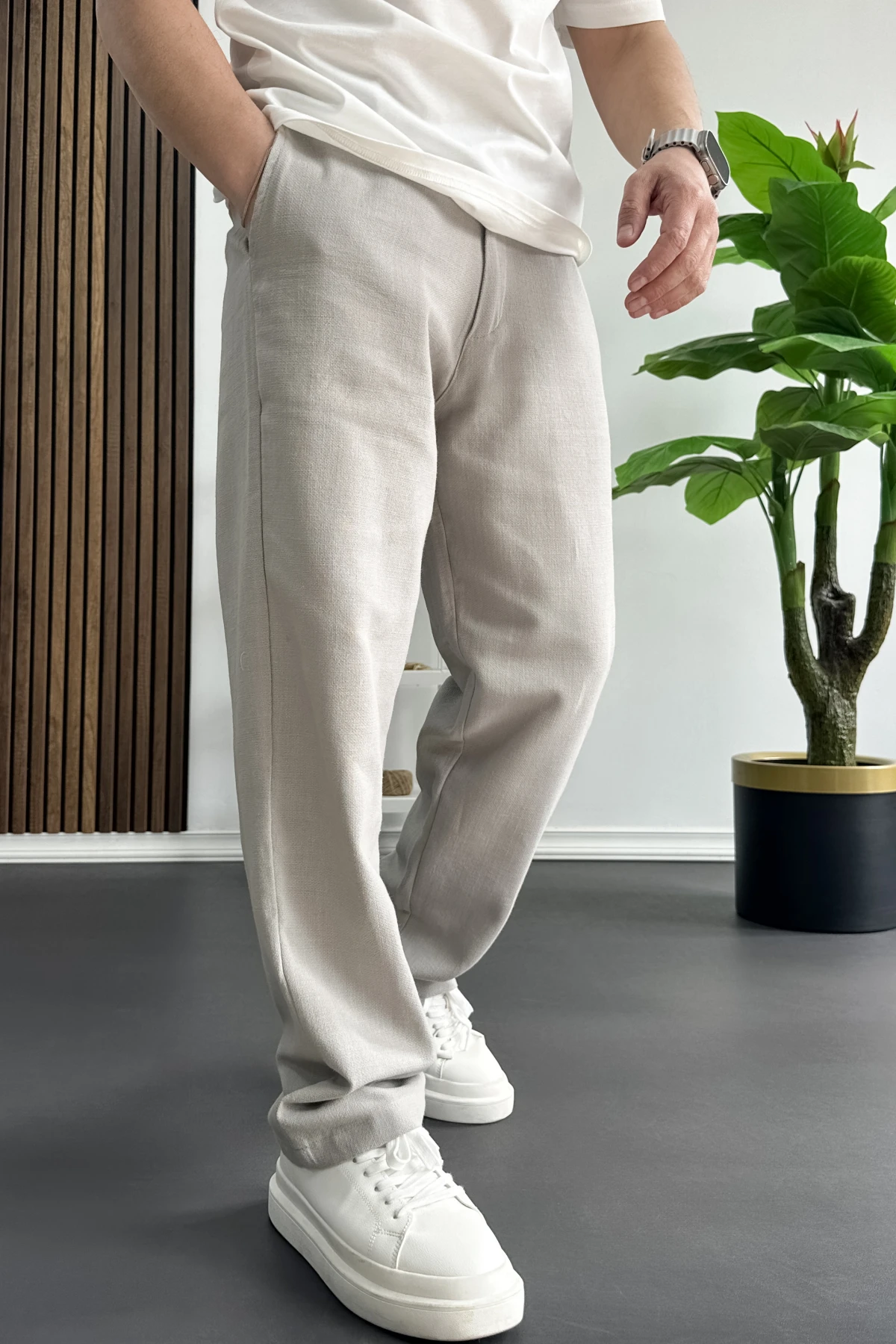 Erkek Beli Düğmeli Pantolon Gri Edw469