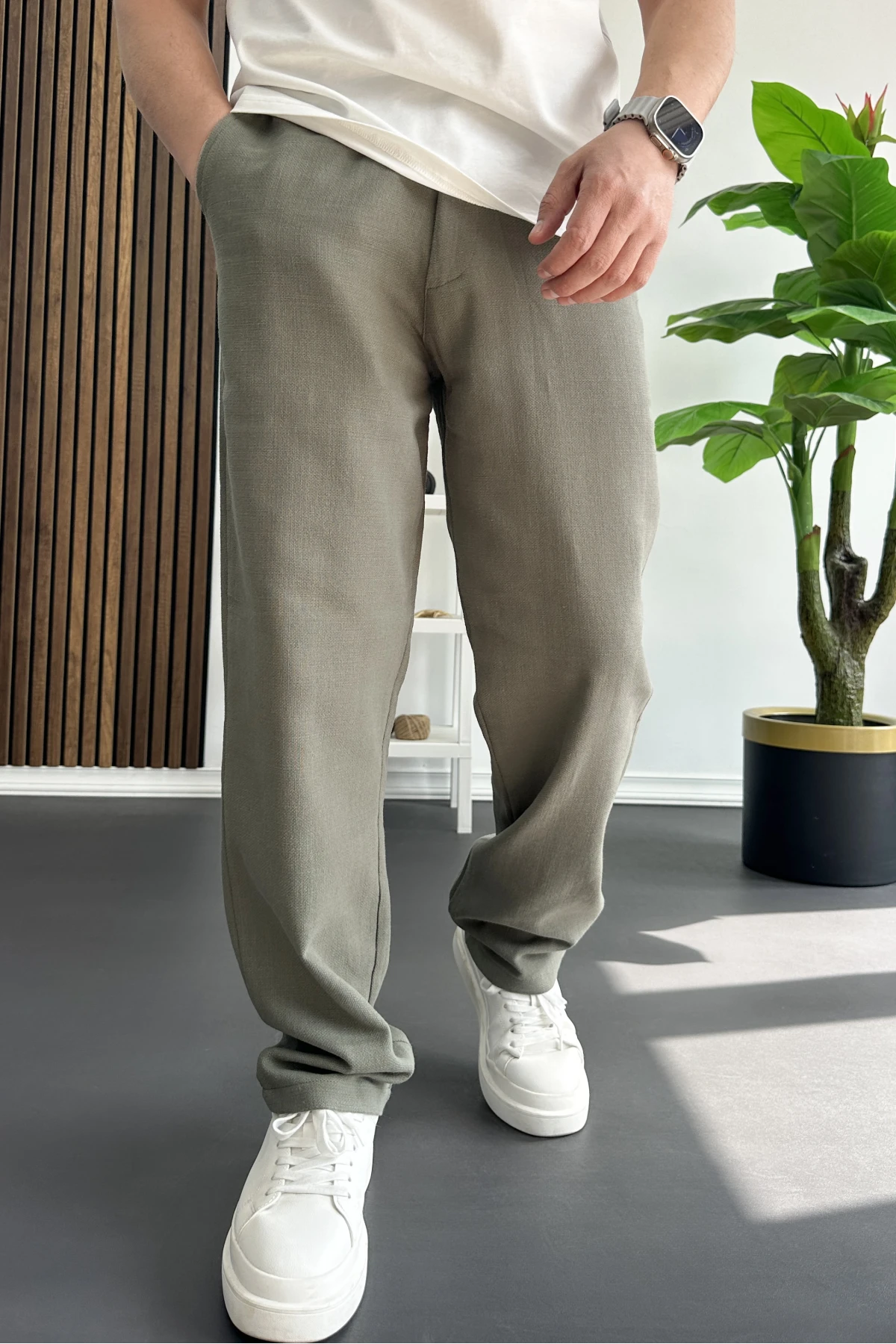 Erkek Beli Düğmeli Pantolon Yeşil Edw469