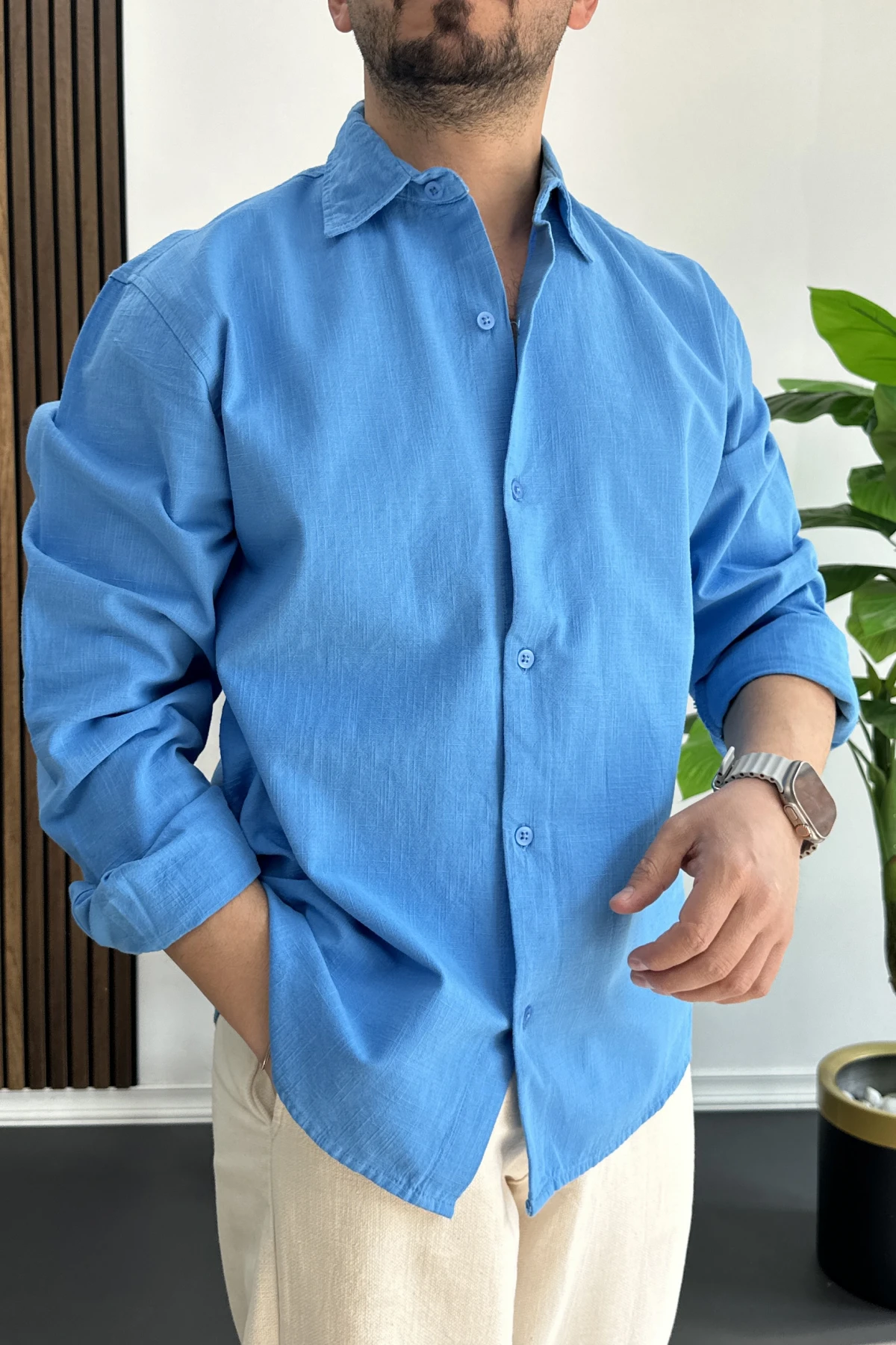 Erkek Pamuklu Keten Görünümlü Gömlek Mavi Edw444