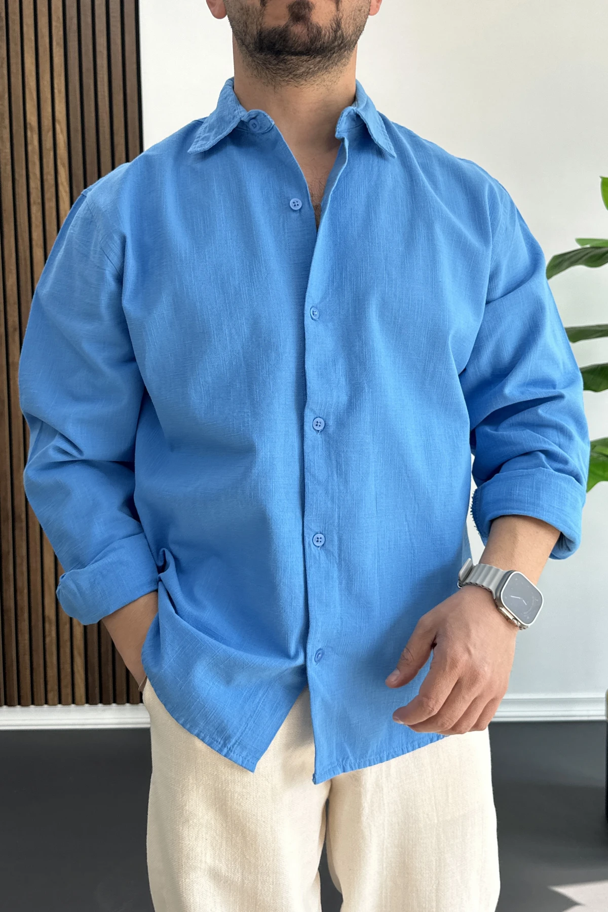 Erkek Pamuklu Keten Görünümlü Gömlek Mavi Edw444