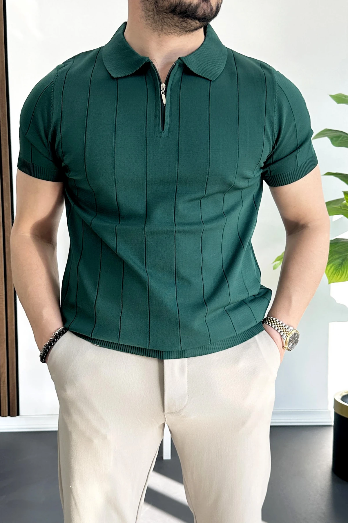 Erkek Slim Fit Fermuarlı Polo Yaka Tişört Yeşil Edw452