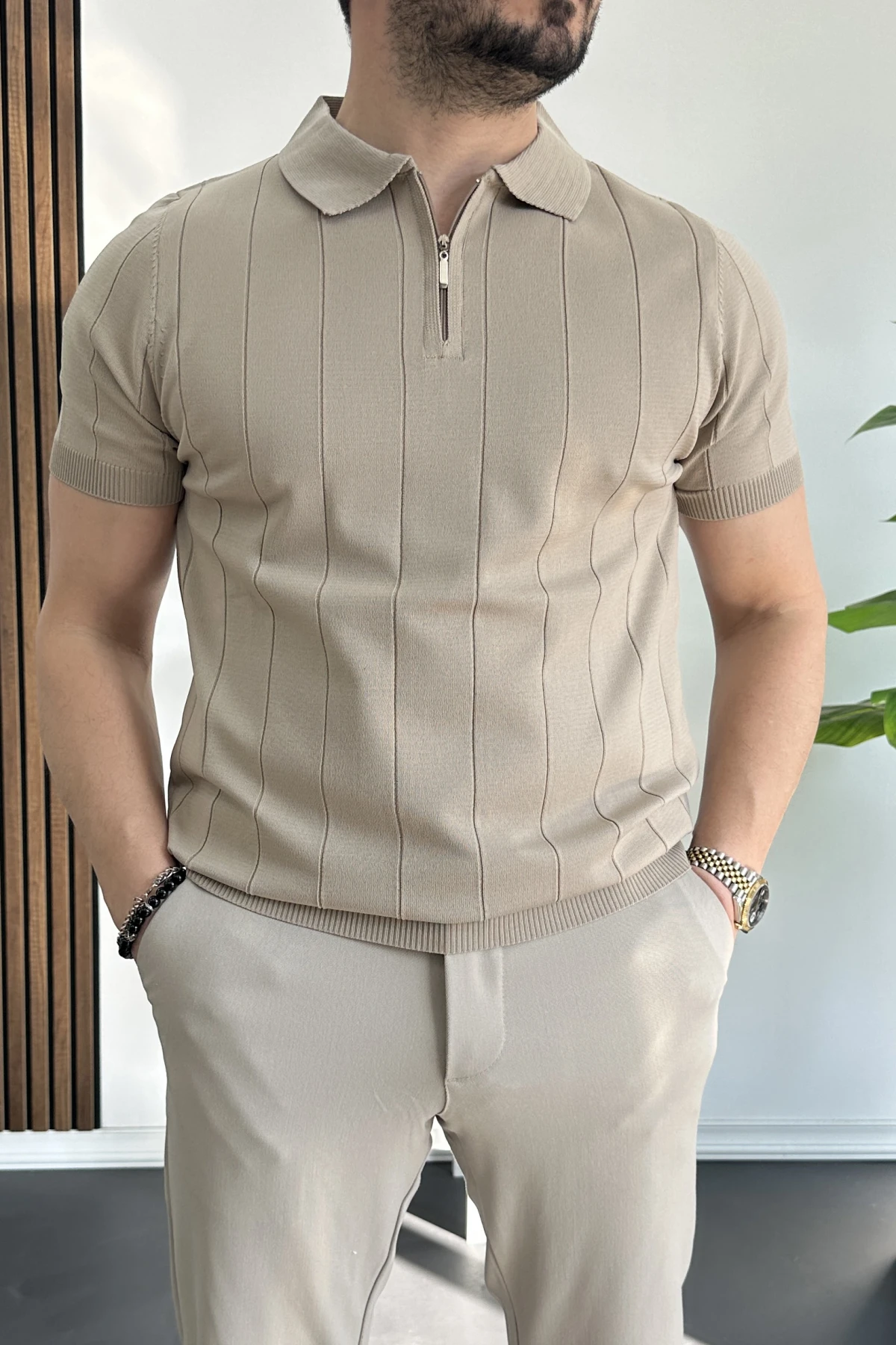 Erkek Slim Fit Fermuarlı Polo Yaka Tişört Vizon Edw452