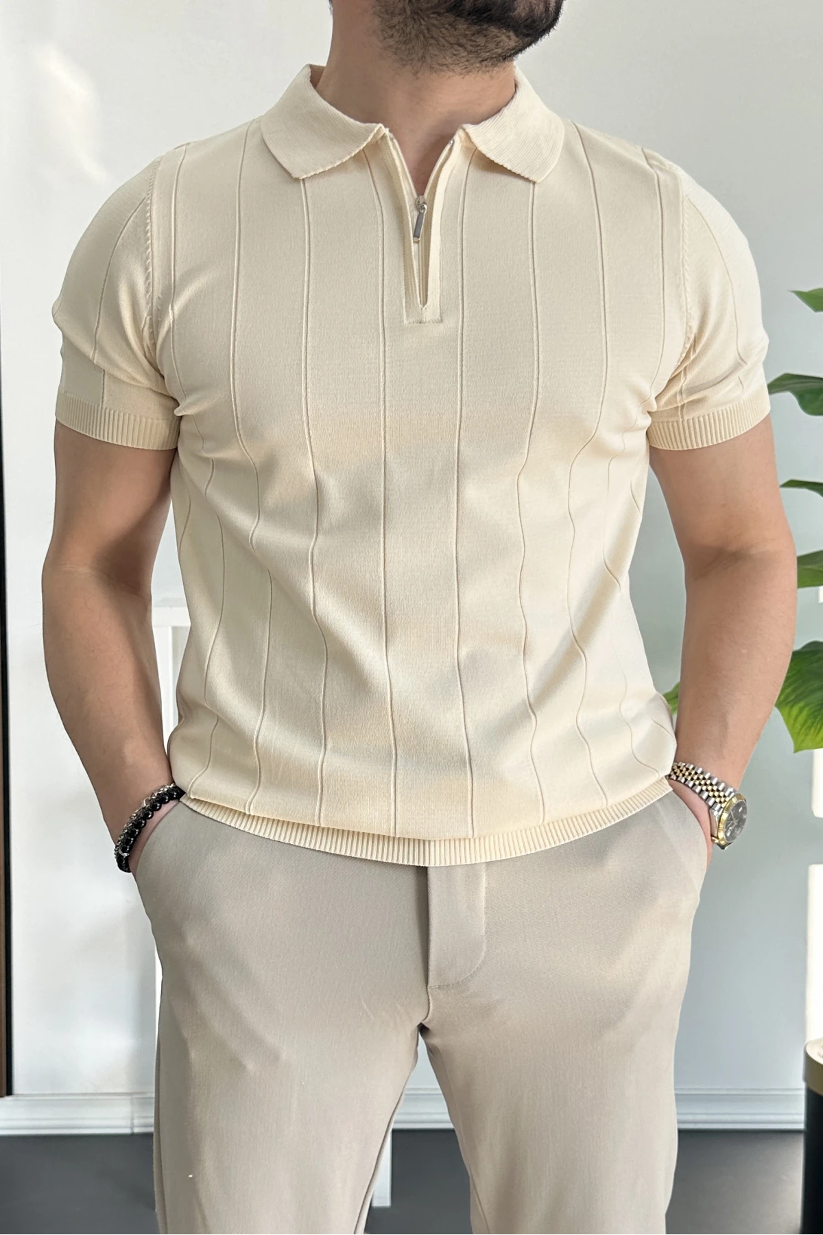 Erkek Slim Fit Fermuarlı Polo Yaka Tişört Krem Edw452