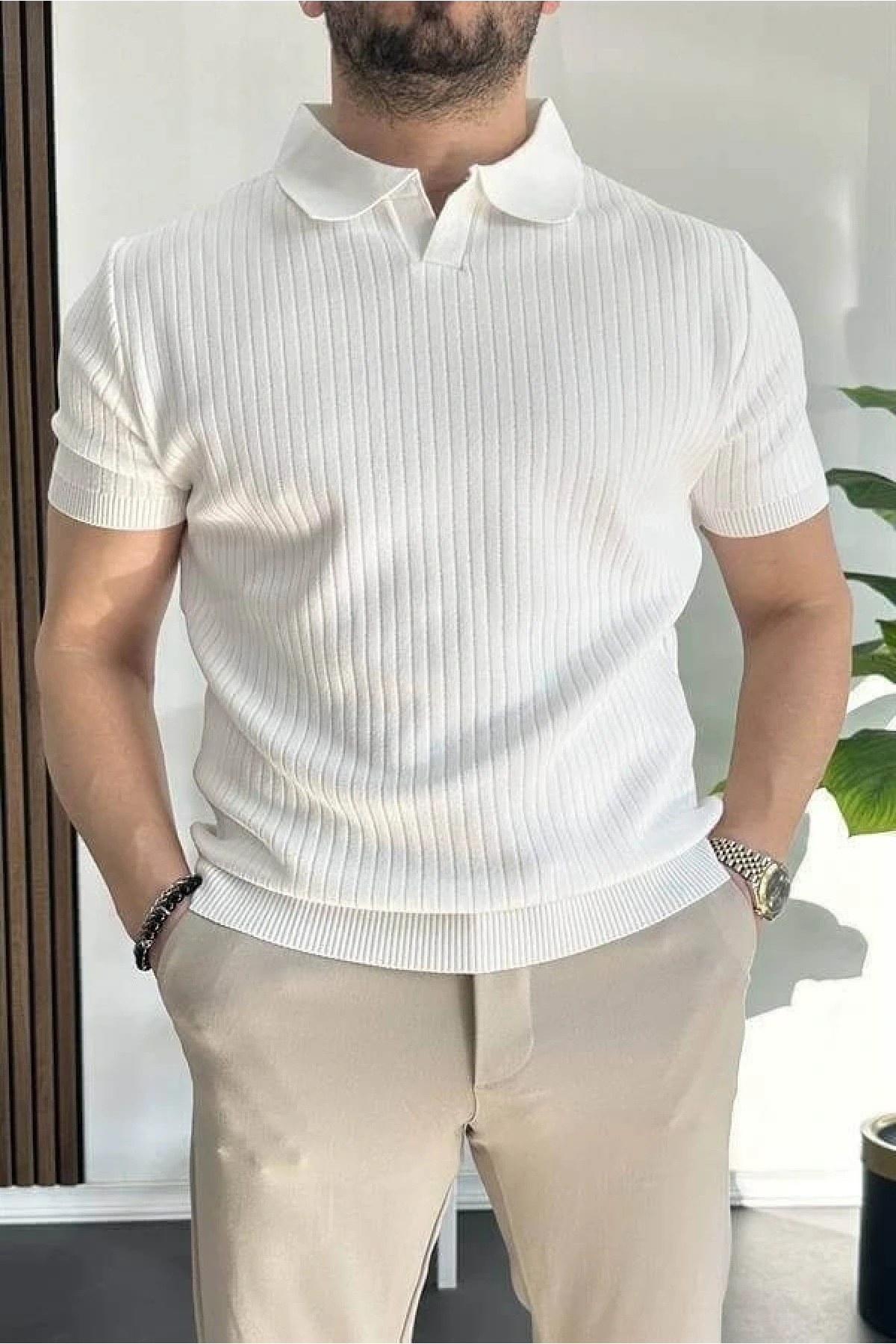 Erkek Açık Yaka Çizgili Desenli Tişört Beyaz Edw258