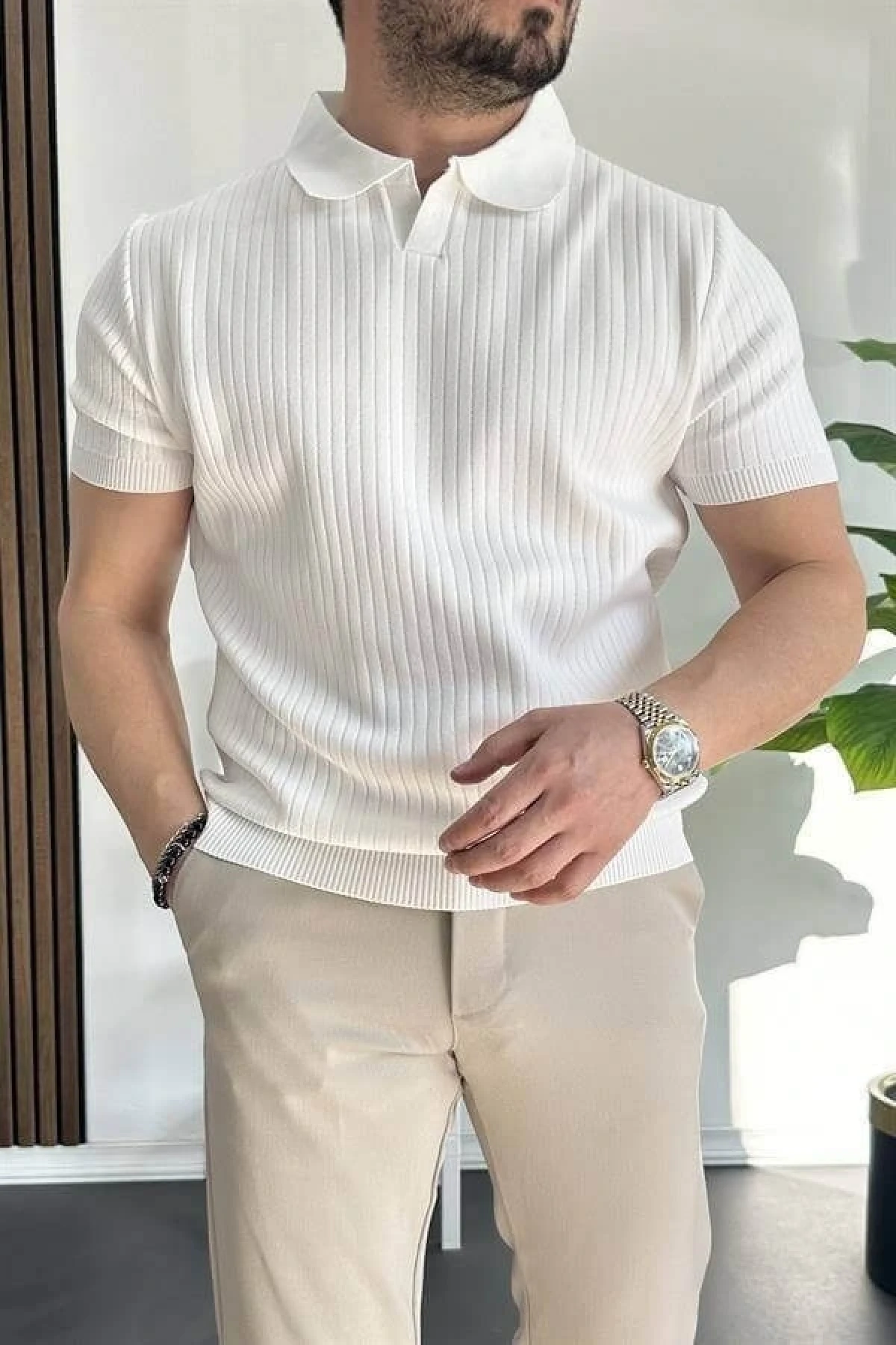 Erkek Açık Yaka Çizgili Desenli Tişört Beyaz Edw258