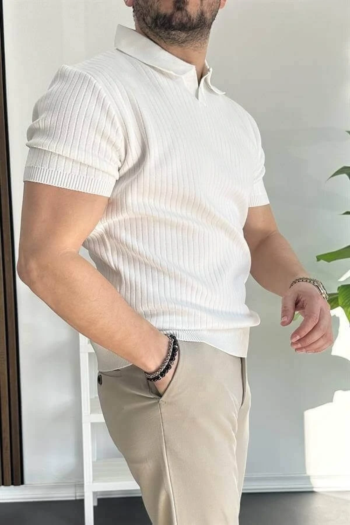 Erkek Açık Yaka Çizgili Desenli Tişört Beyaz Edw258