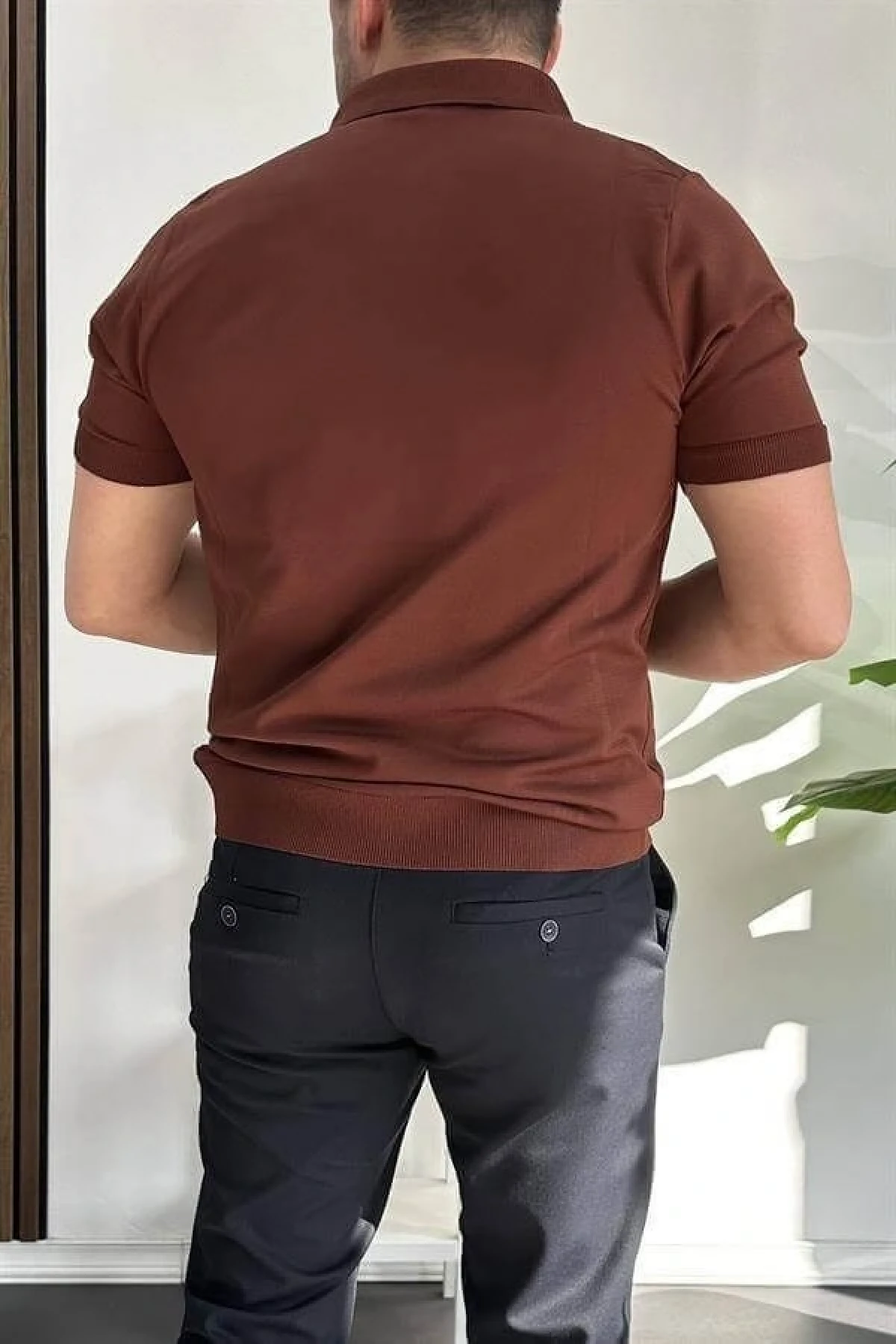 Erkek Açık Yaka Çizgli Tişört Kiremit Edw236