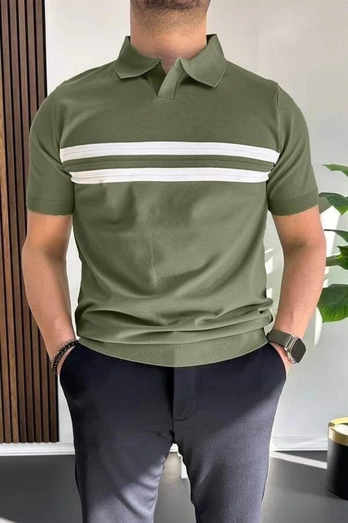 Erkek Açık Yaka Çizgli Tişört Koyu Yeşil Edw236