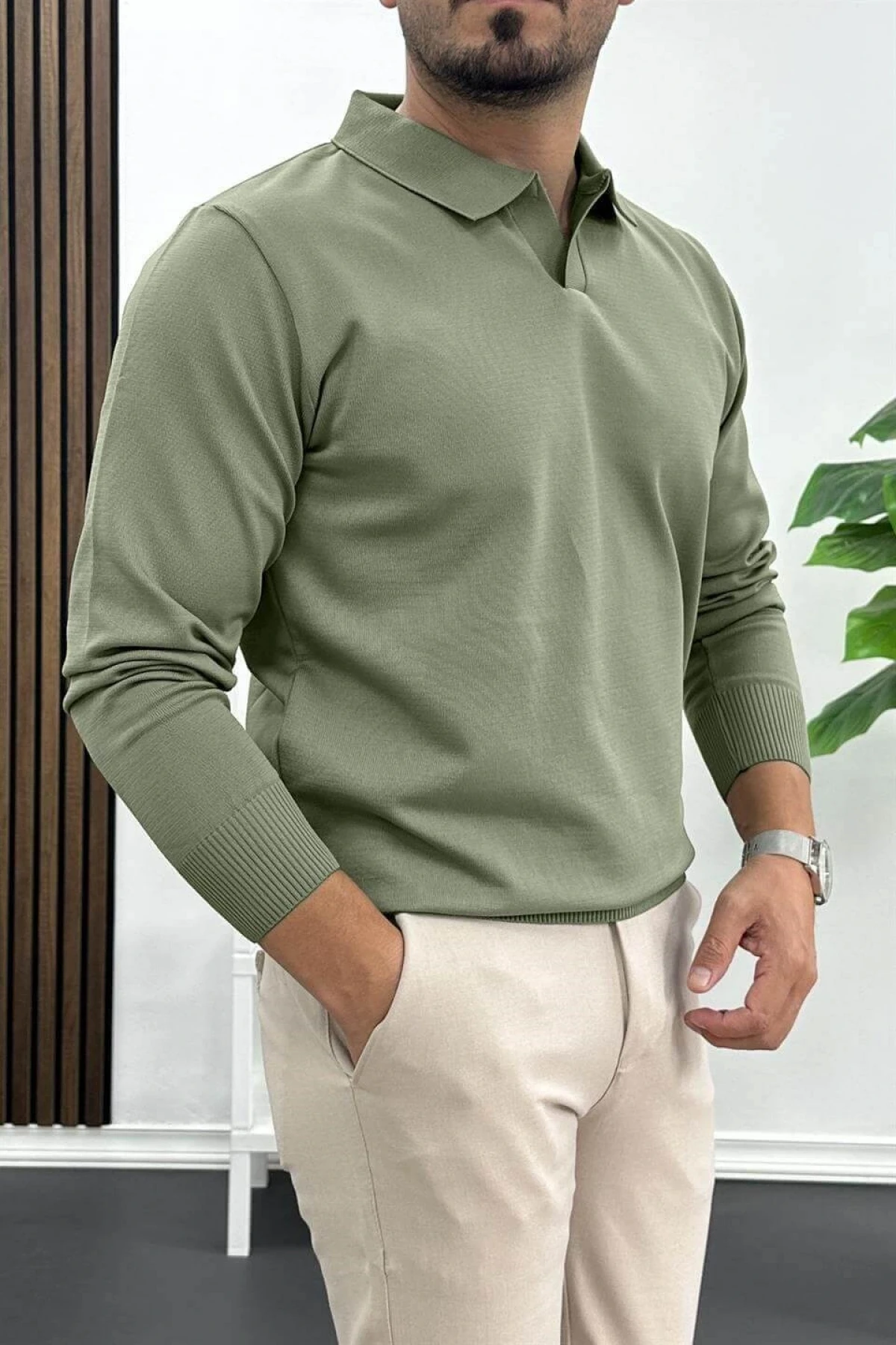 Erkek Açık Yaka Düz Desen Normal Kalıp Kazak Haki Edw423