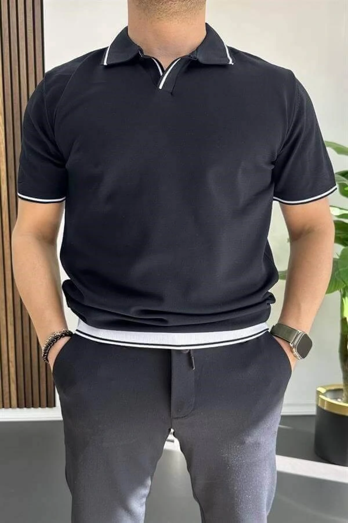 Erkek Açık Yaka Şerit Detaylı Tişört Lacivert Edw235