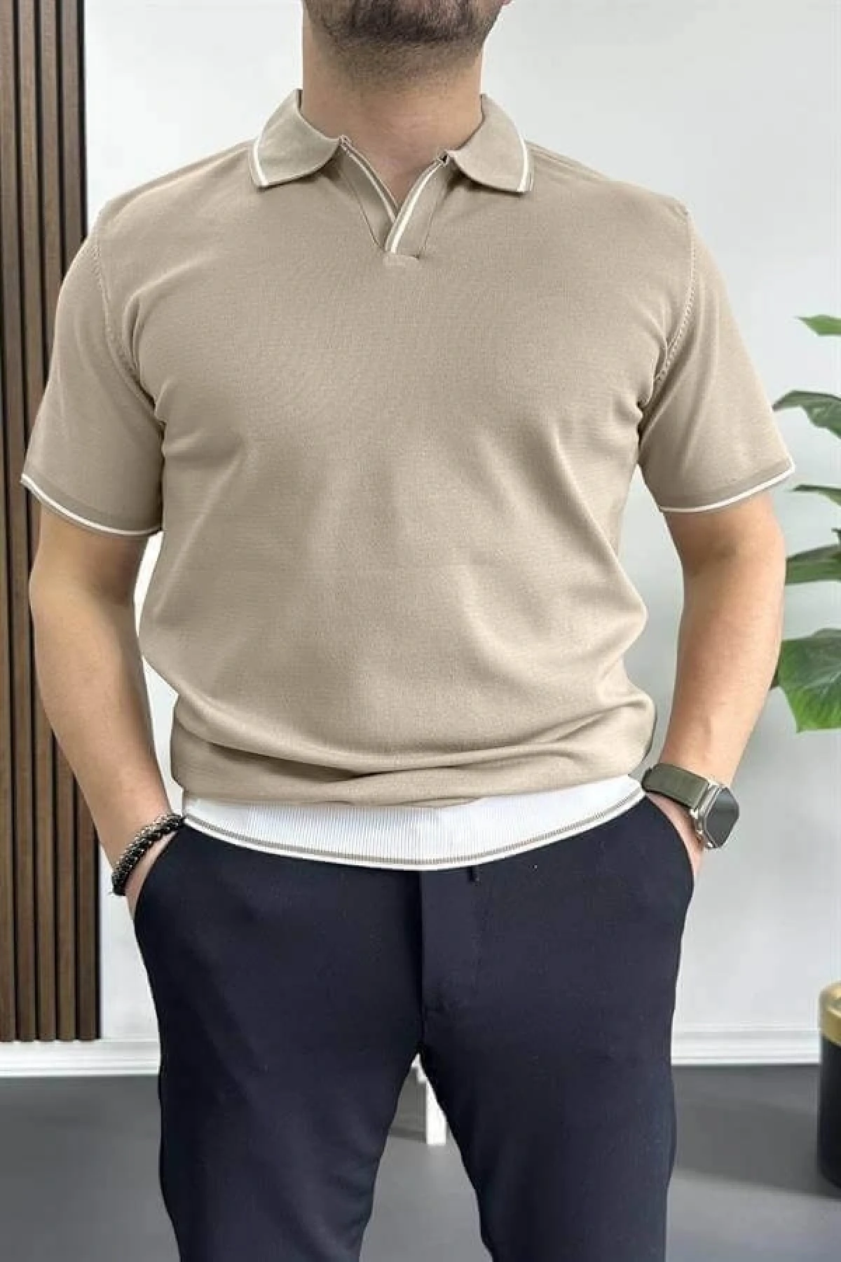 Erkek Açık Yaka Şerit Detaylı Tişört Vizon Edw235