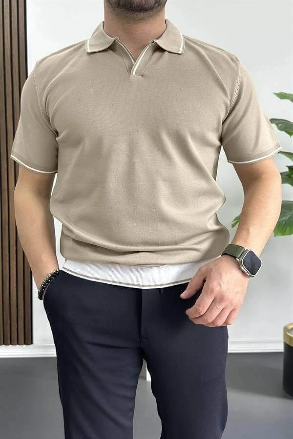 Erkek Açık Yaka Şerit Detaylı Tişört Vizon Edw235